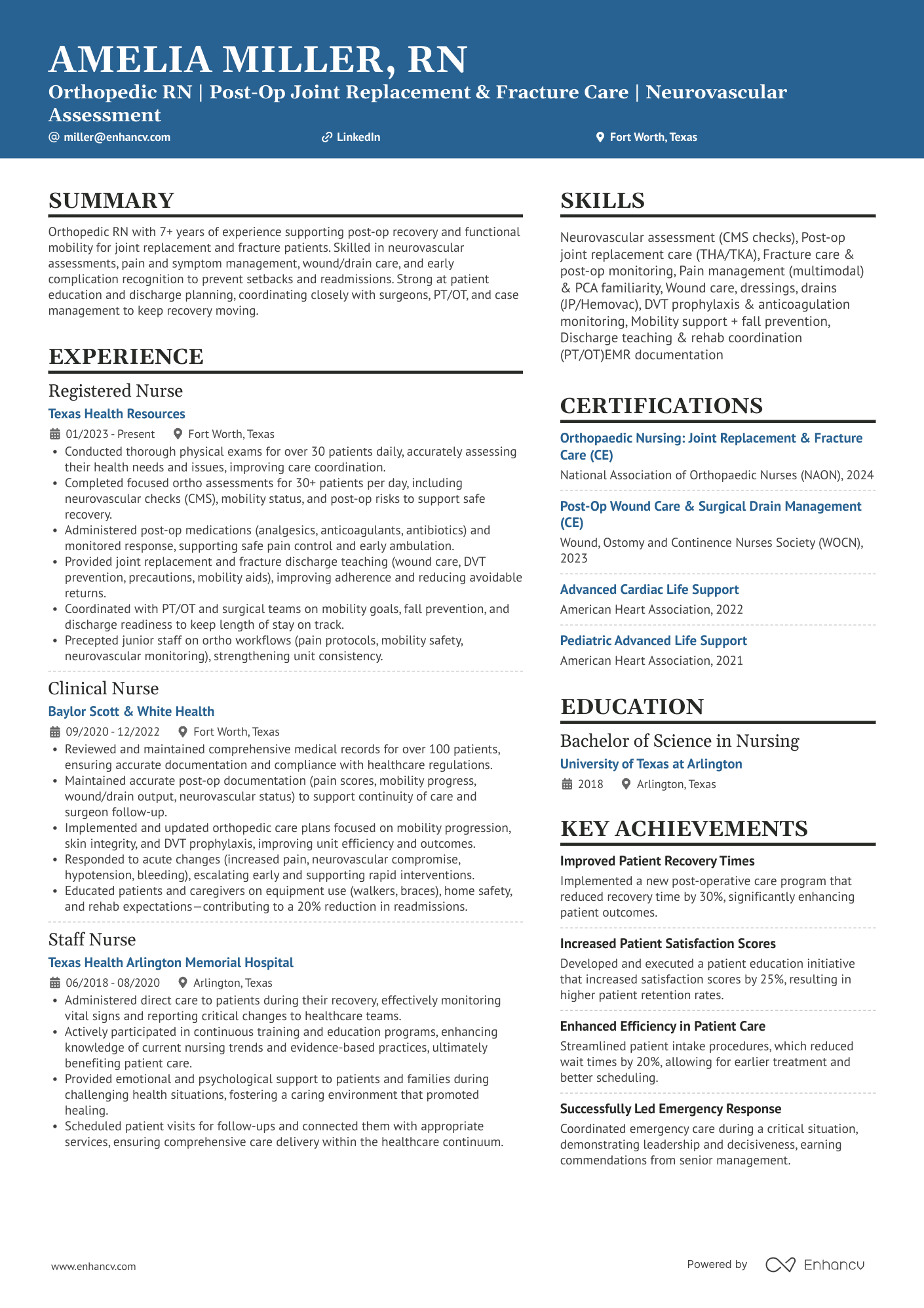 Orthopedic Nurse Resume Example