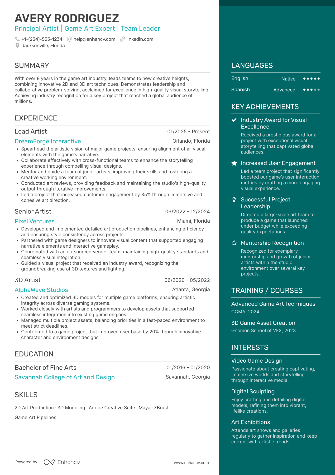 Principal Artist Resume Example
