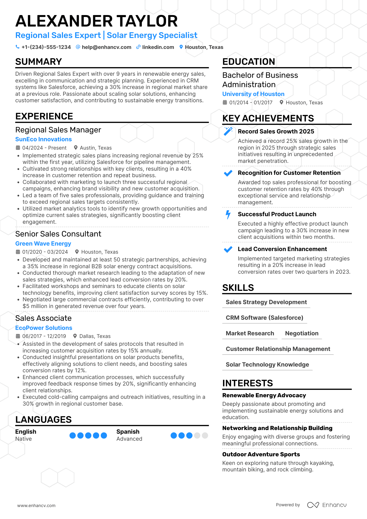 Regional Sales Representative Resume Example