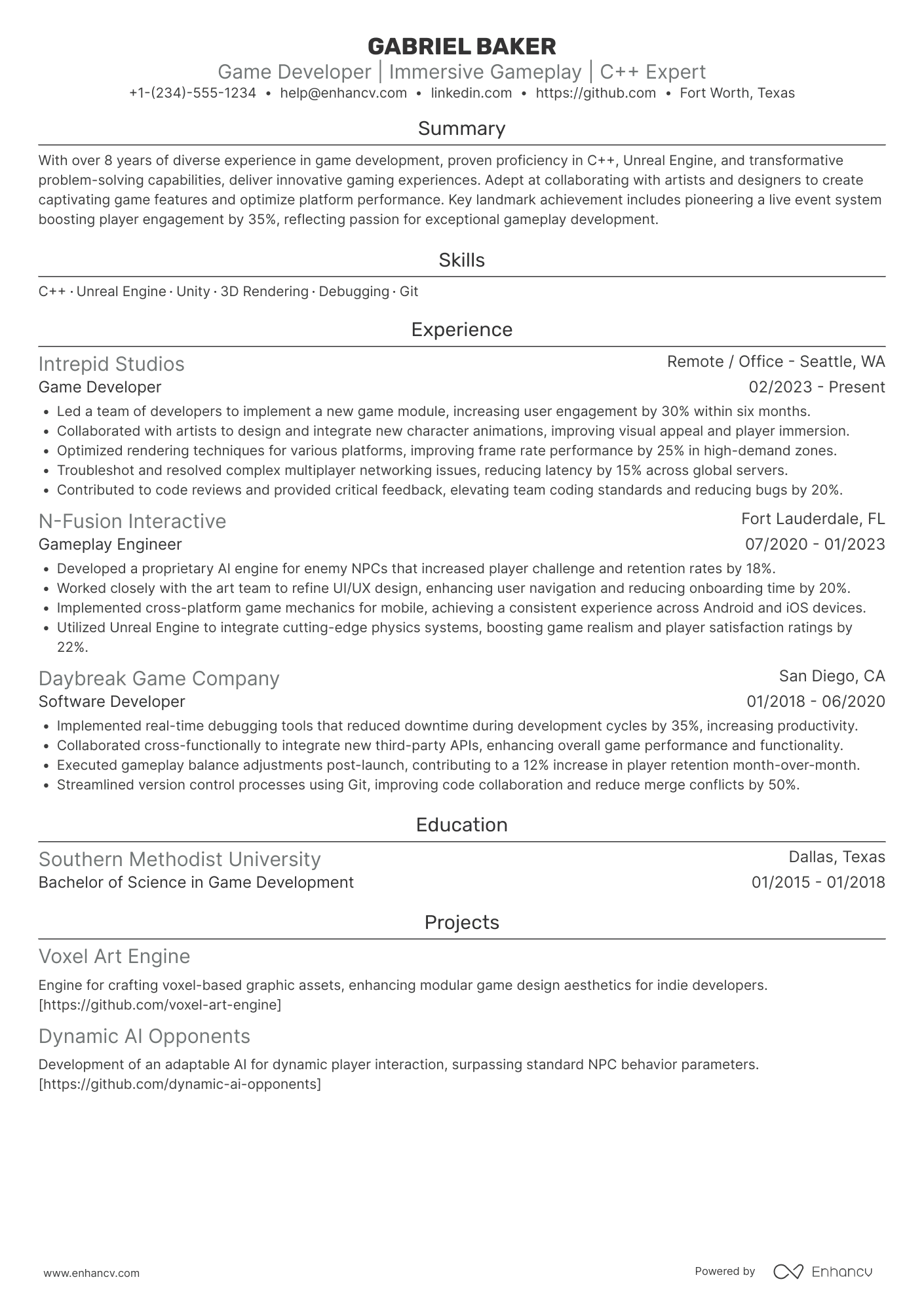 Game Developer Resume Example