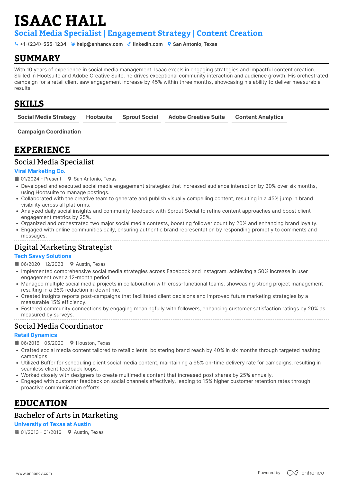 Social Media Engagement Coordinator Resume Example