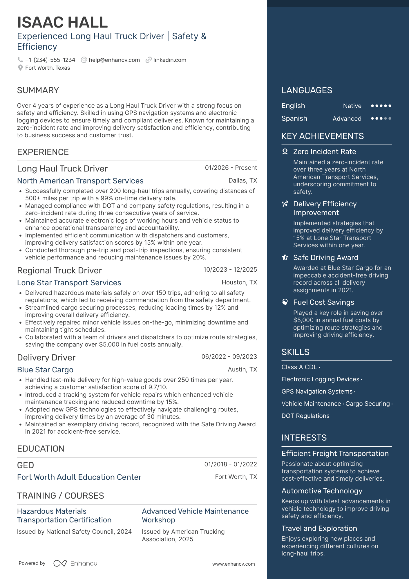 Long Haul Truck Driver Resume Example