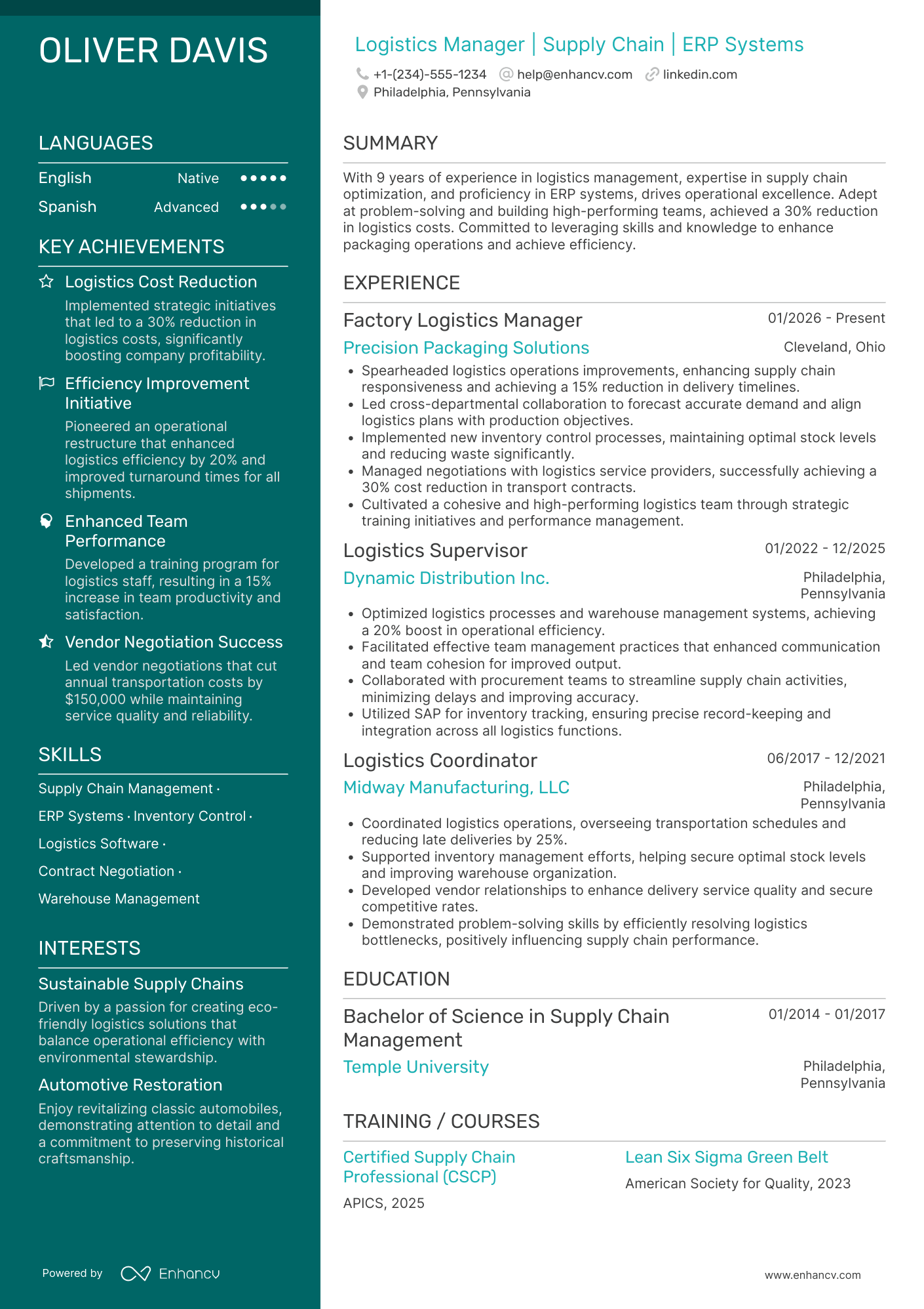 Factory Logistics Manager Resume Example