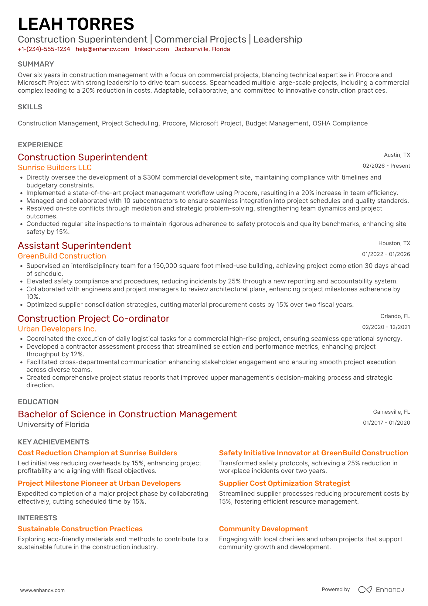 Construction Superintendent Resume Example