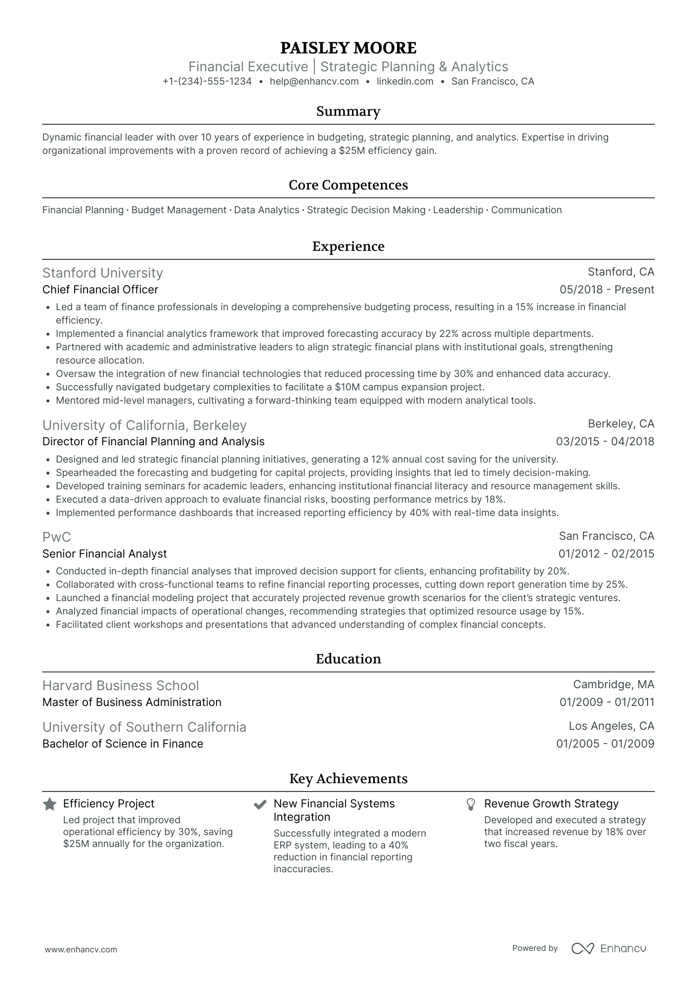 Chief Analytics Officer in Finance Resume Example