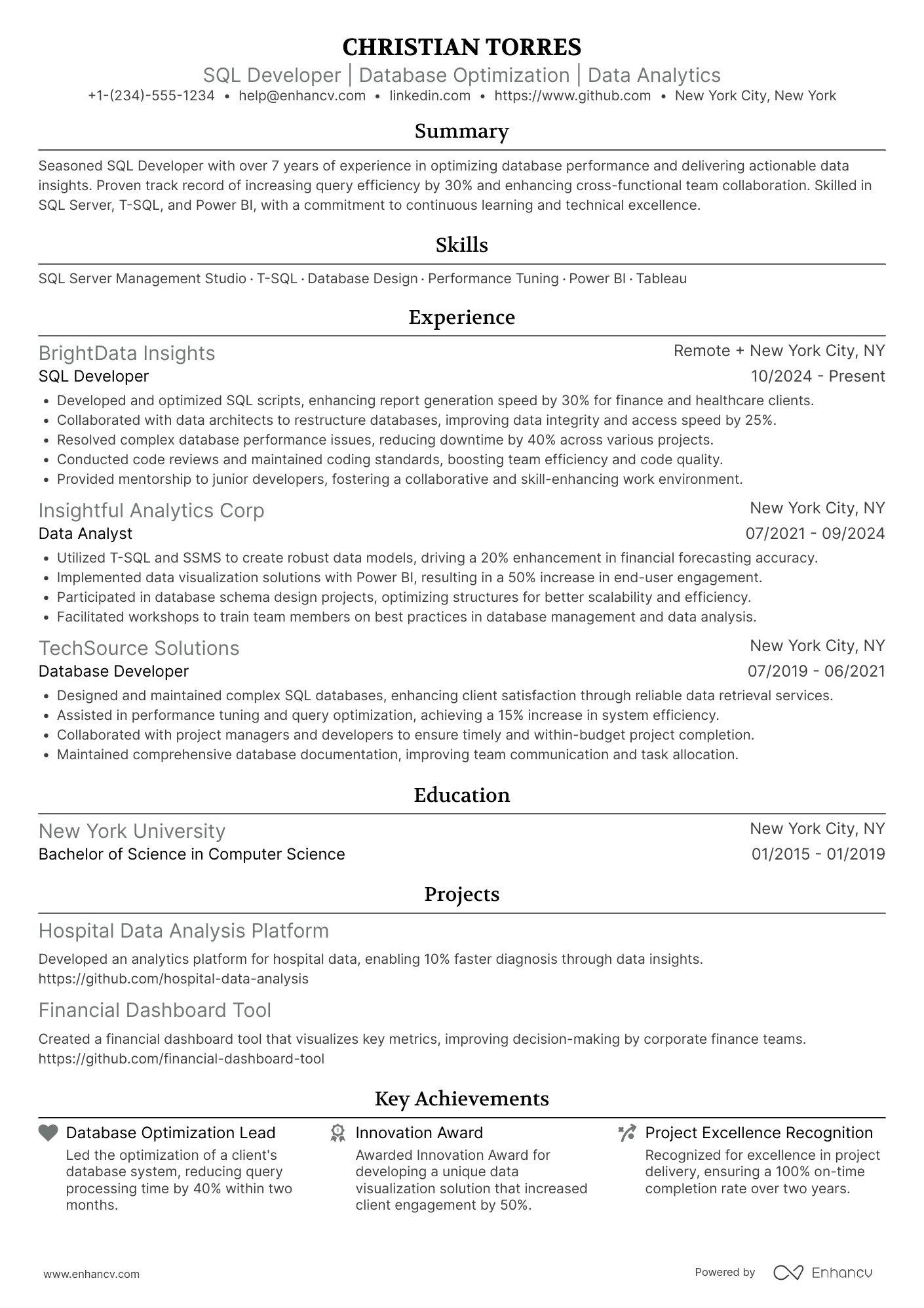 Associate SQL Developer Resume Example
