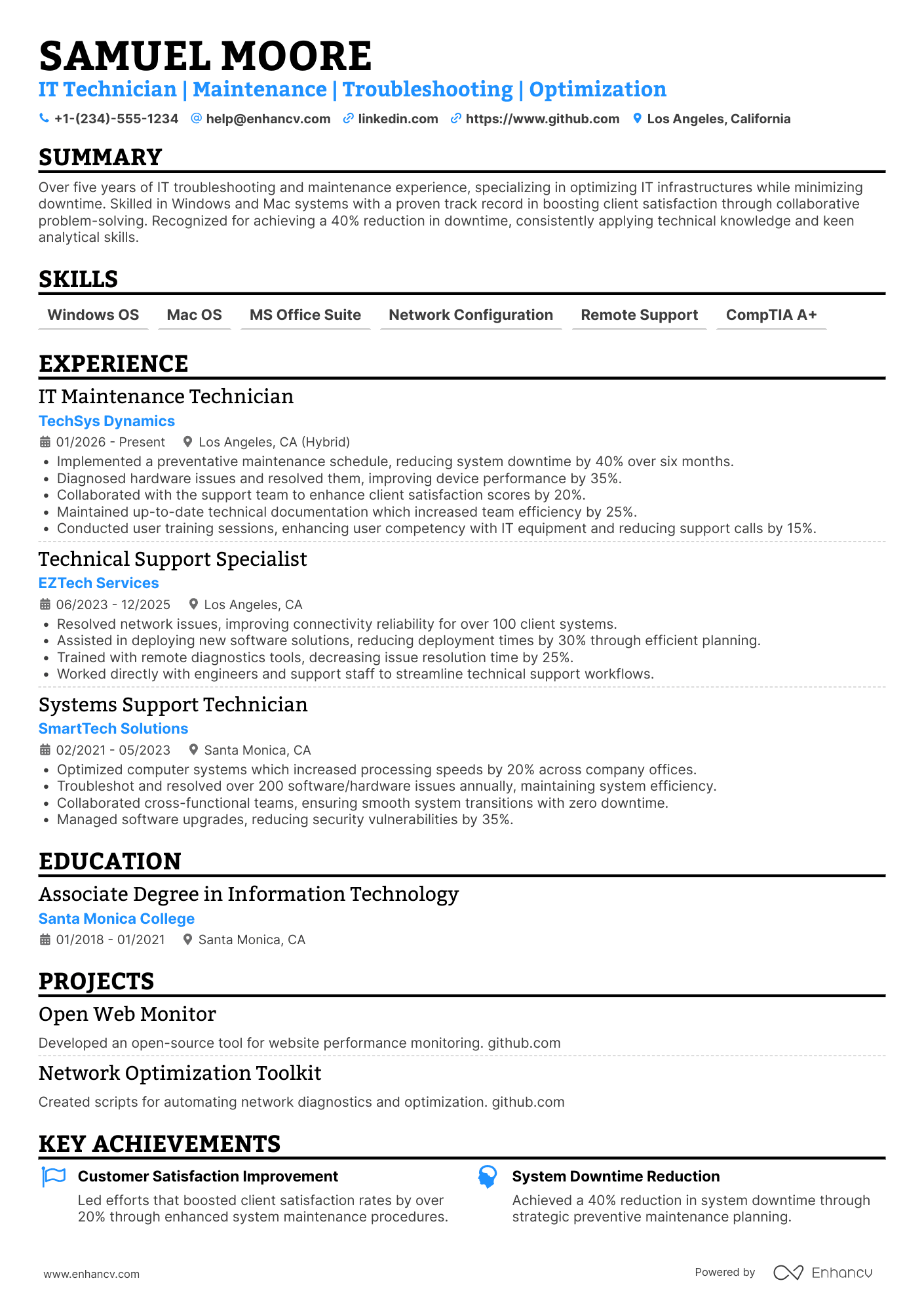 IT Maintenance Technician Resume Example