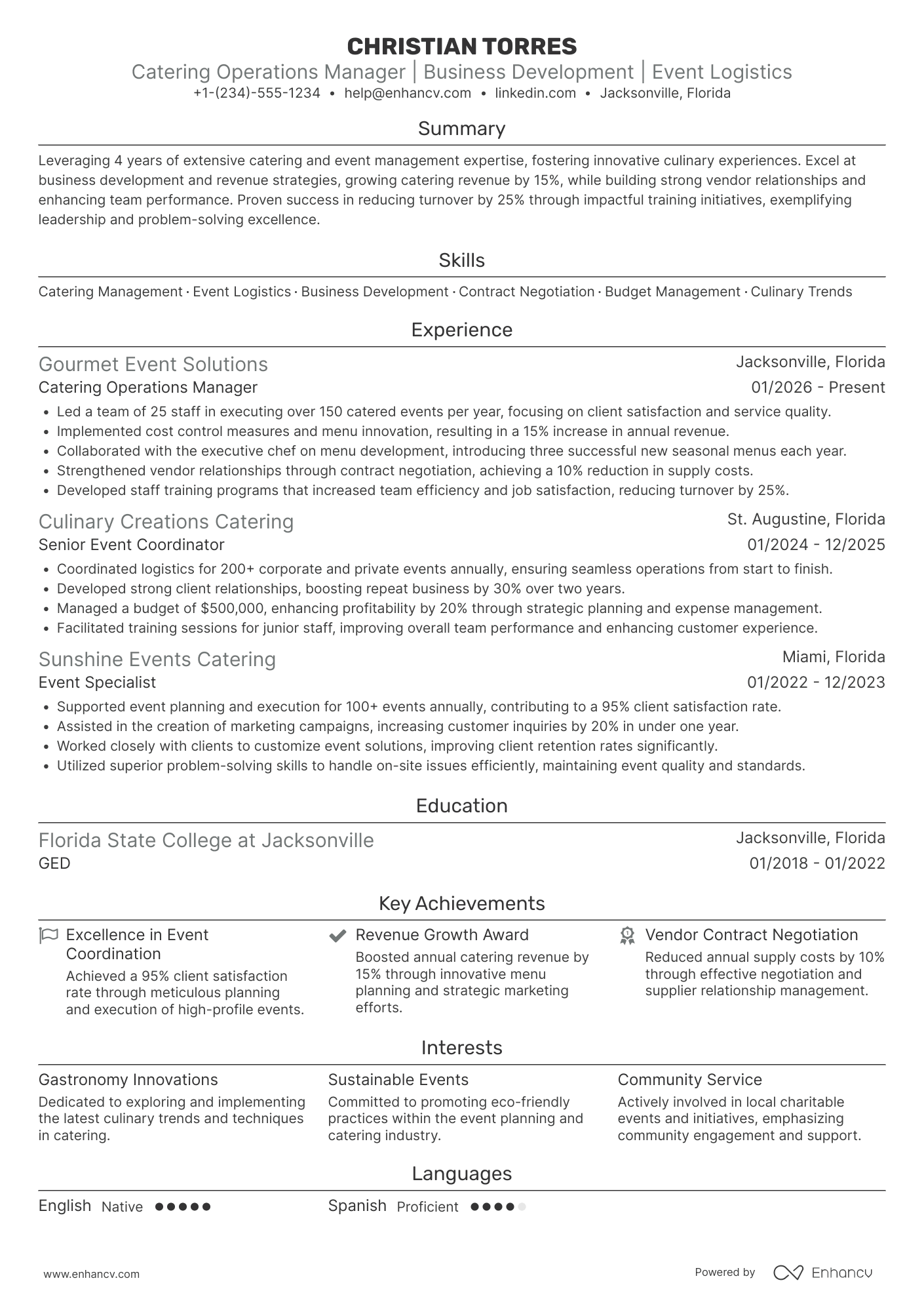 Catering Owner Resume Example
