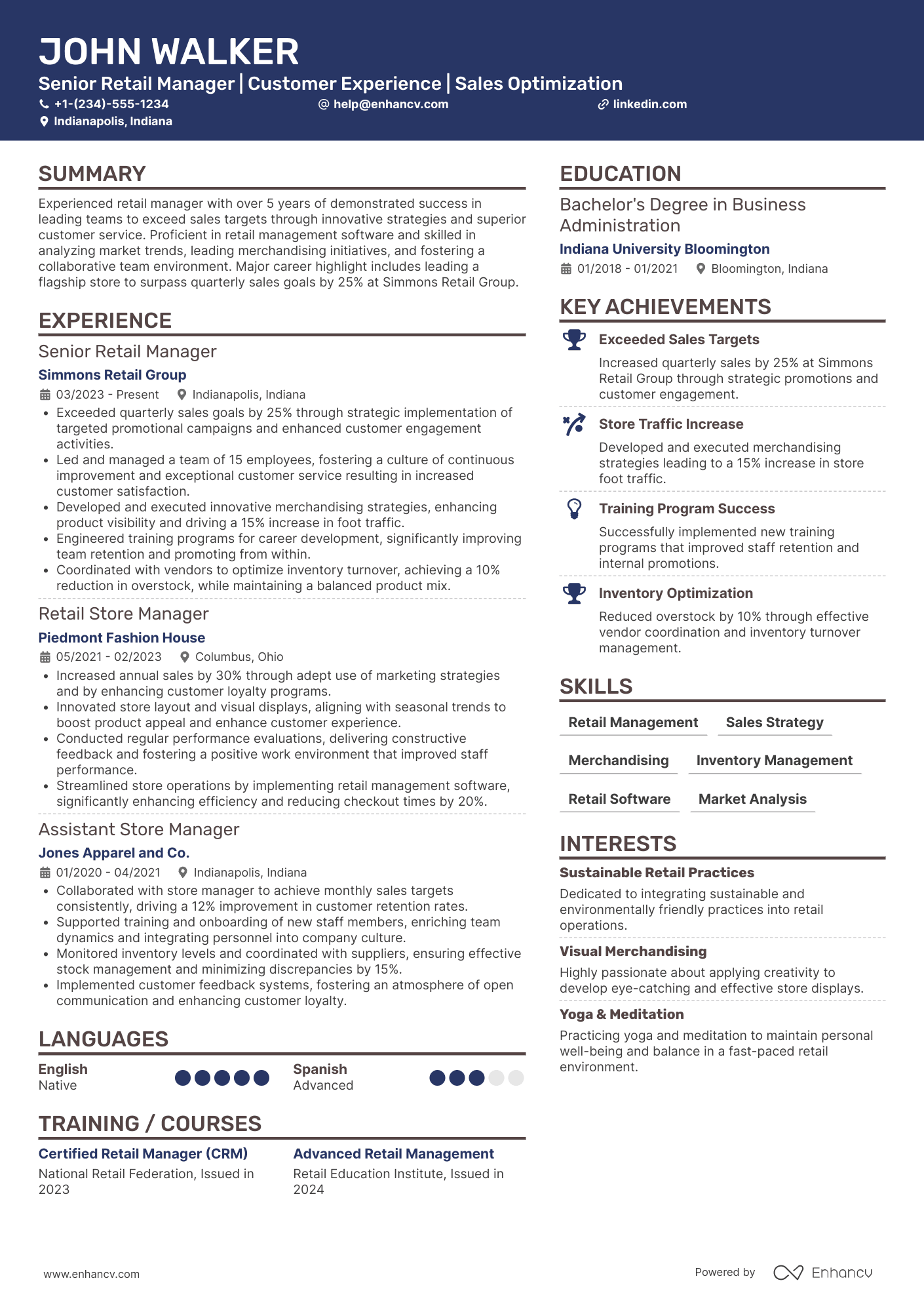 Senior Retail Store Manager Resume Example