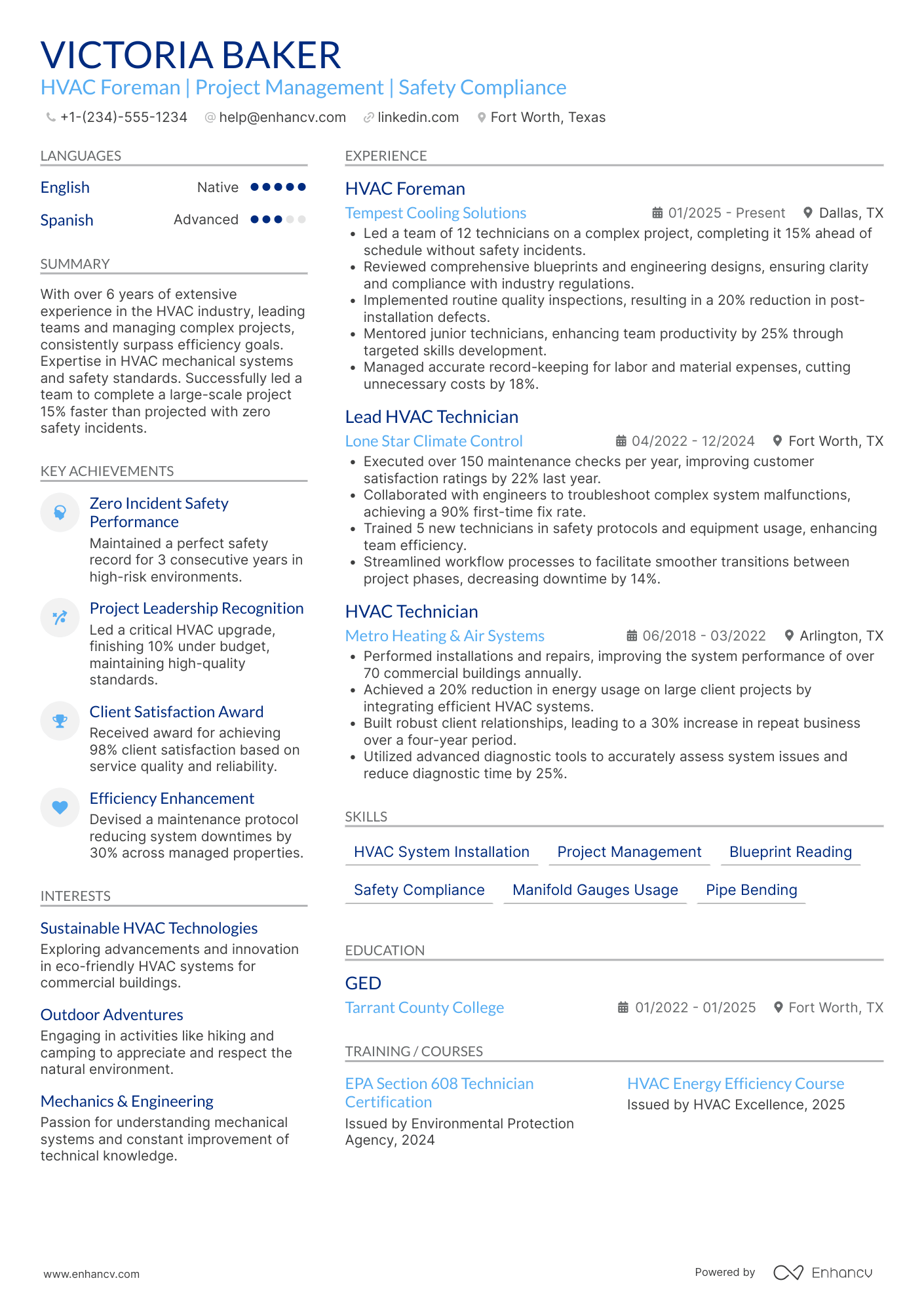 HVAC Foreman Resume Example