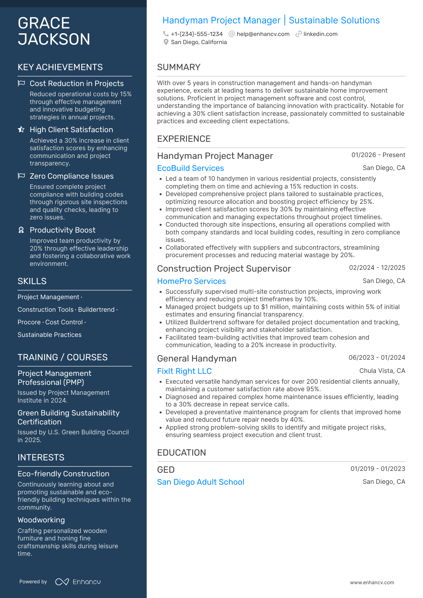 Handyman Project Manager Resume Example