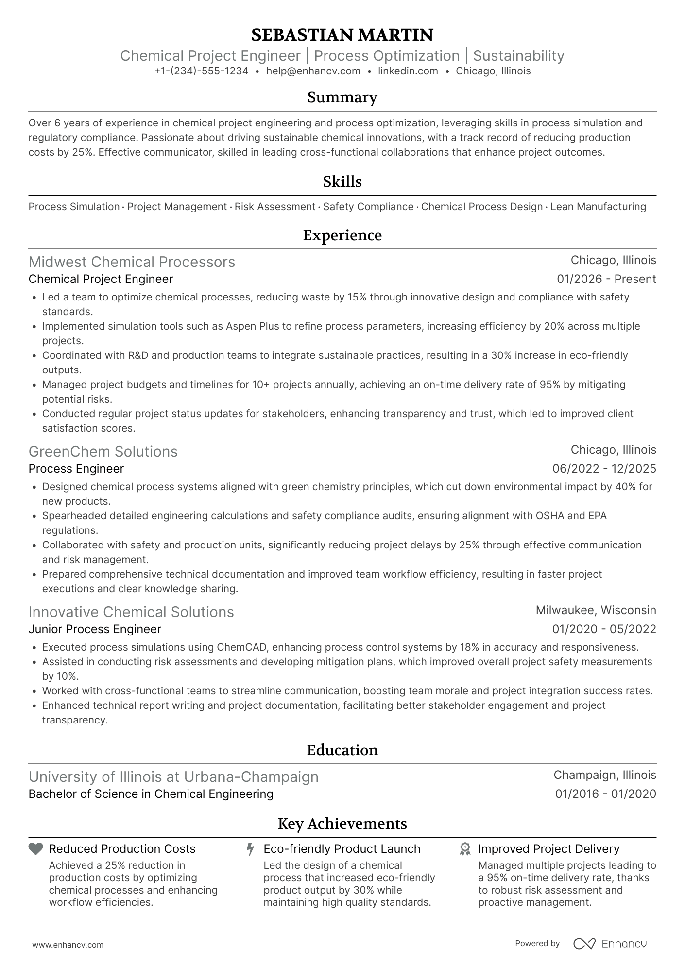 Chemical Project Engineer Resume Example