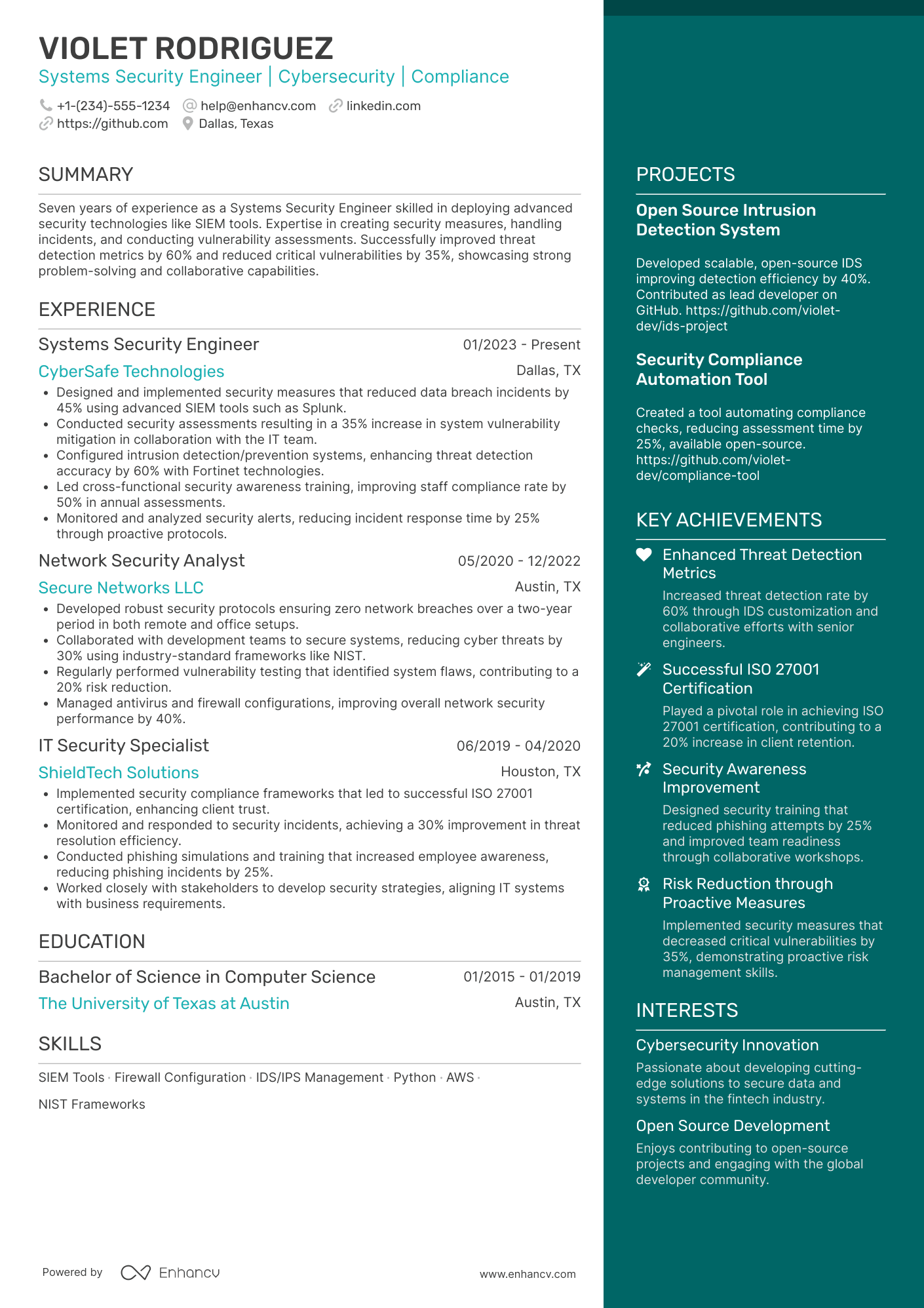 Systems Security Engineer Resume Example