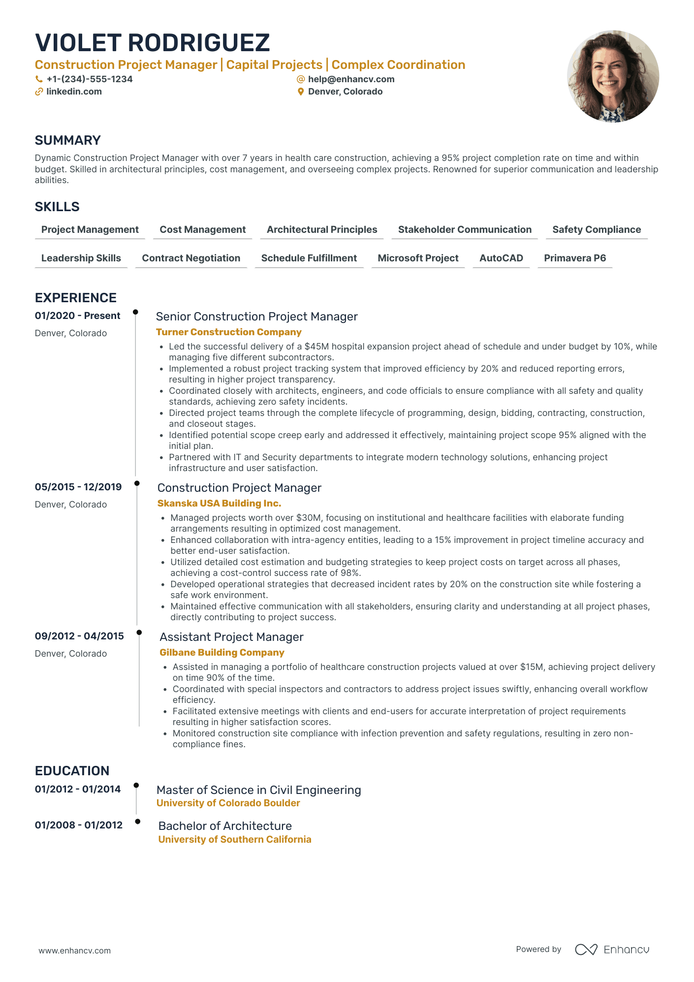 Healthcare Construction Project Manager Resume Example