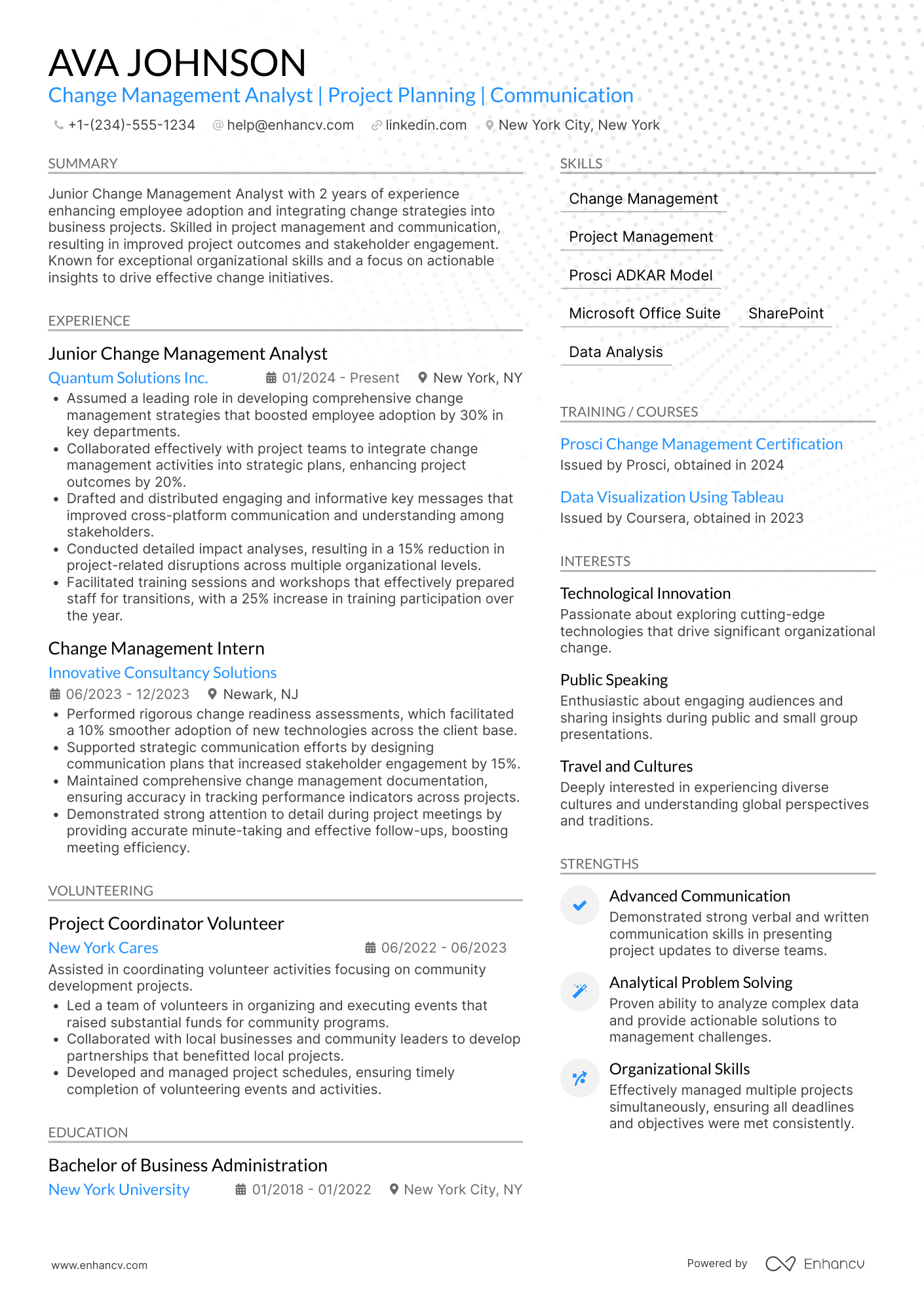 Junior Change Management Analyst Resume Example