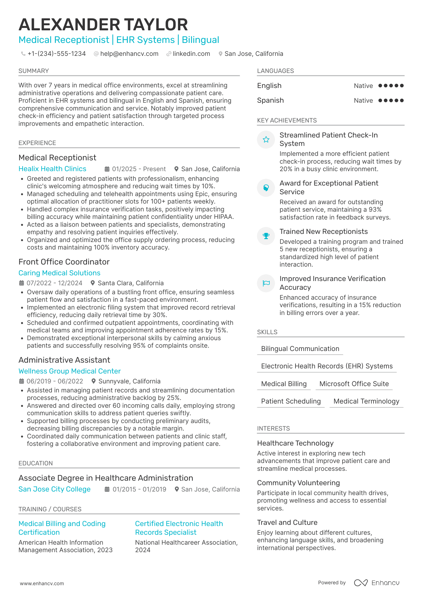 Bilingual Medical Receptionist Resume Example