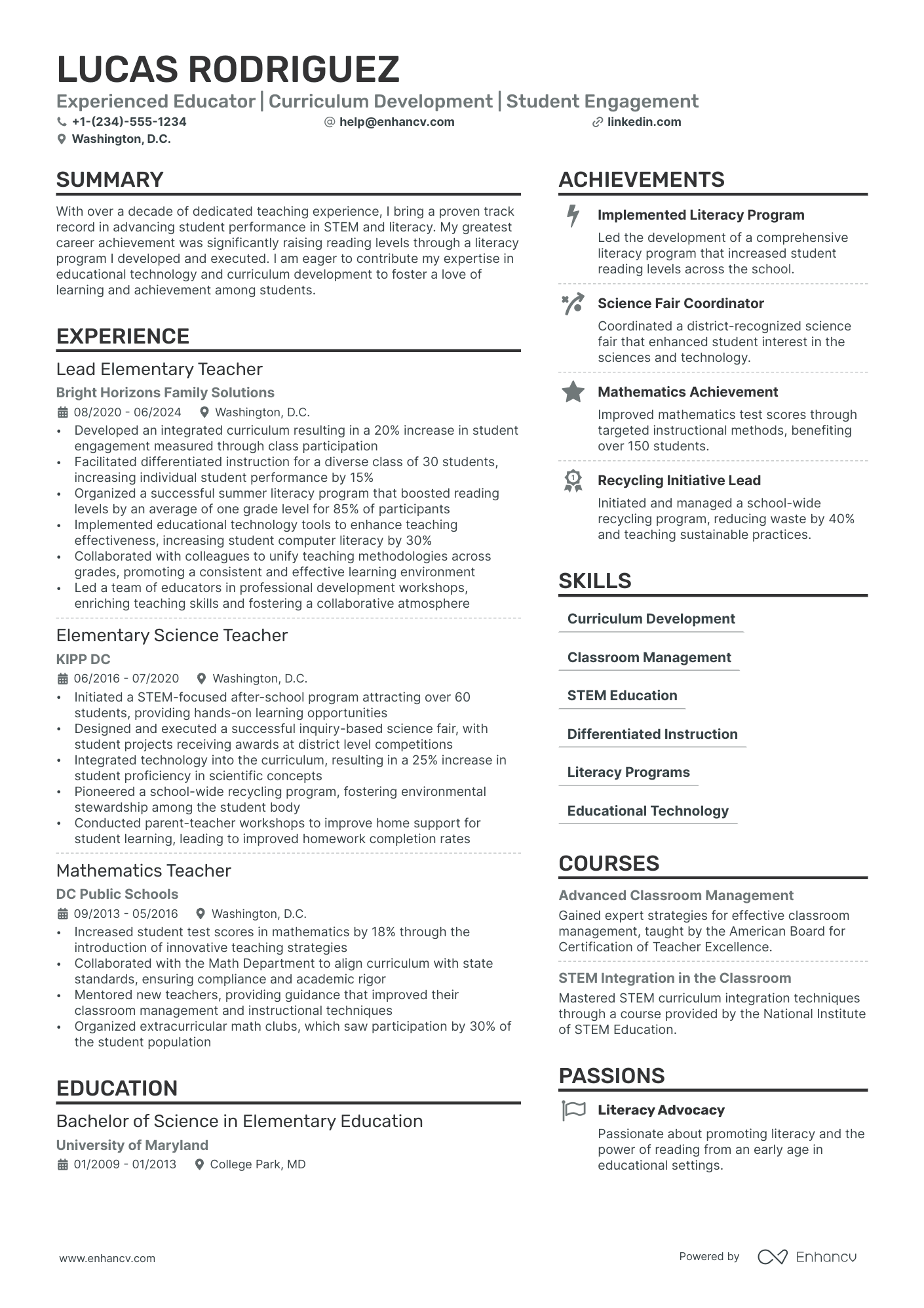 Summer School Teacher Resume Example