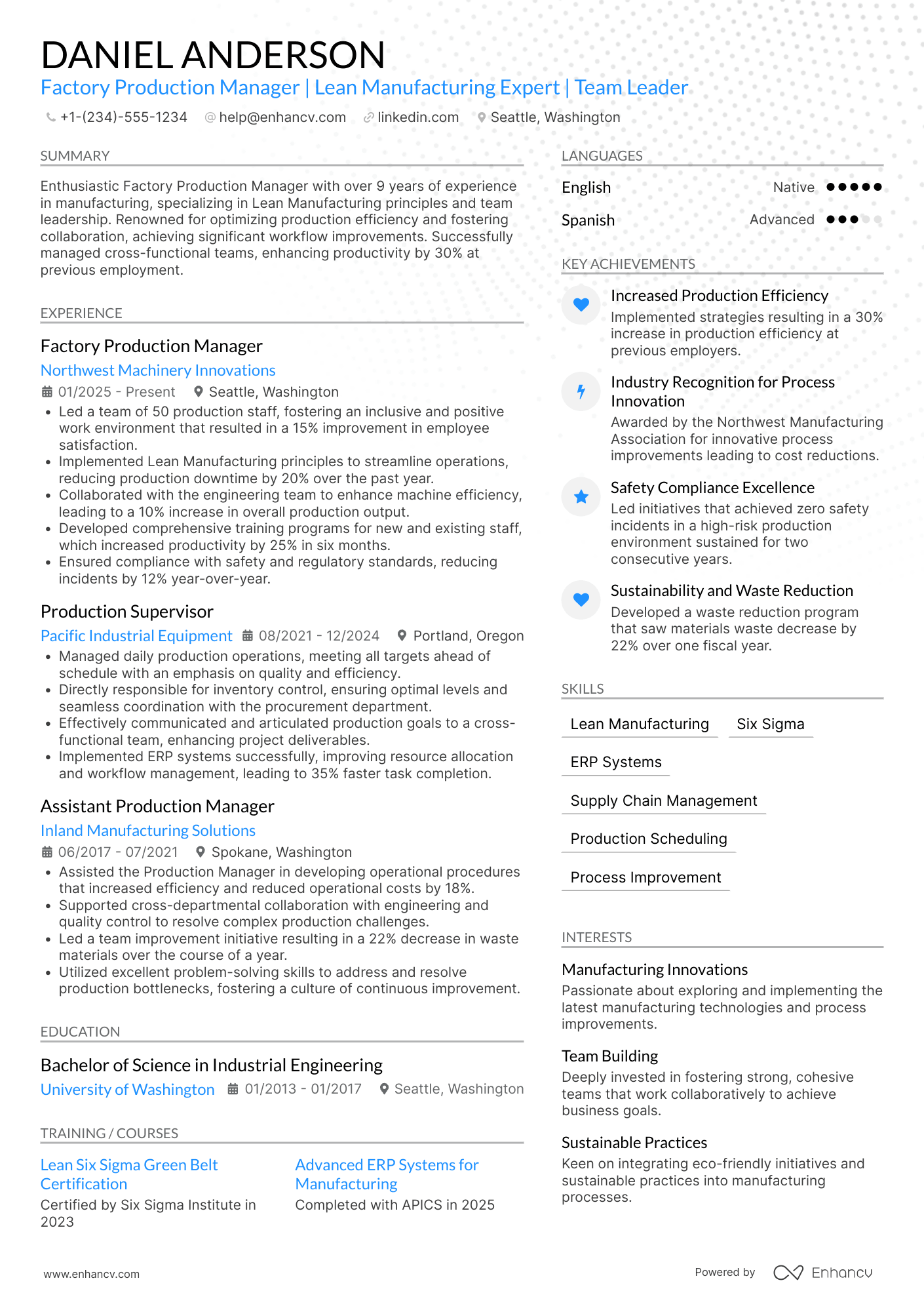 Factory Production Manager Resume Example