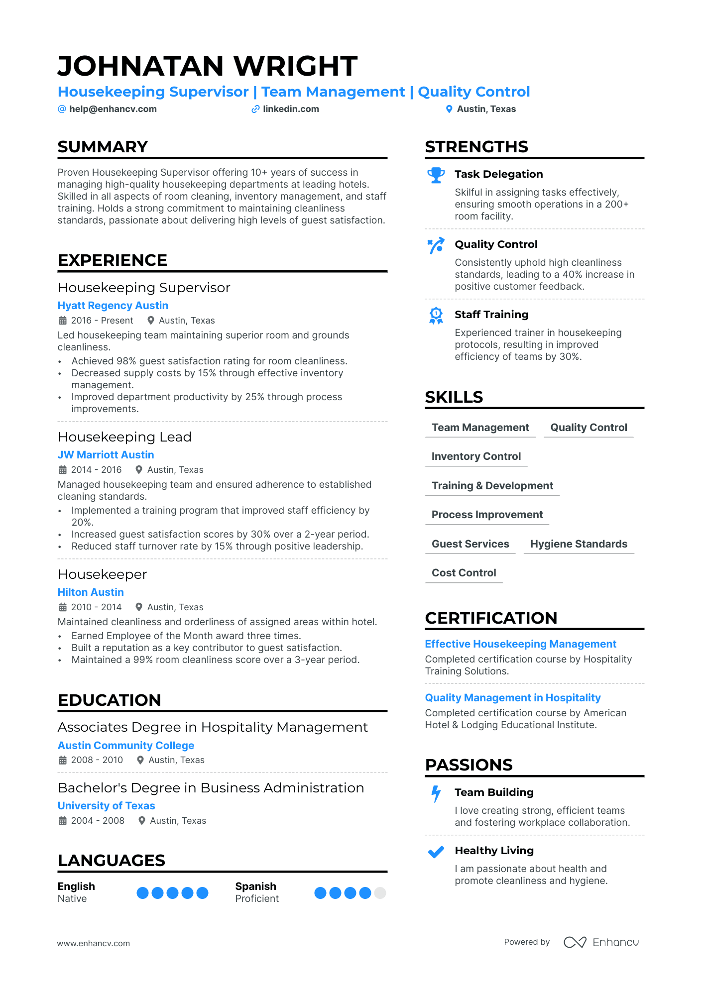 Housekeeping Supervisor Resume Example