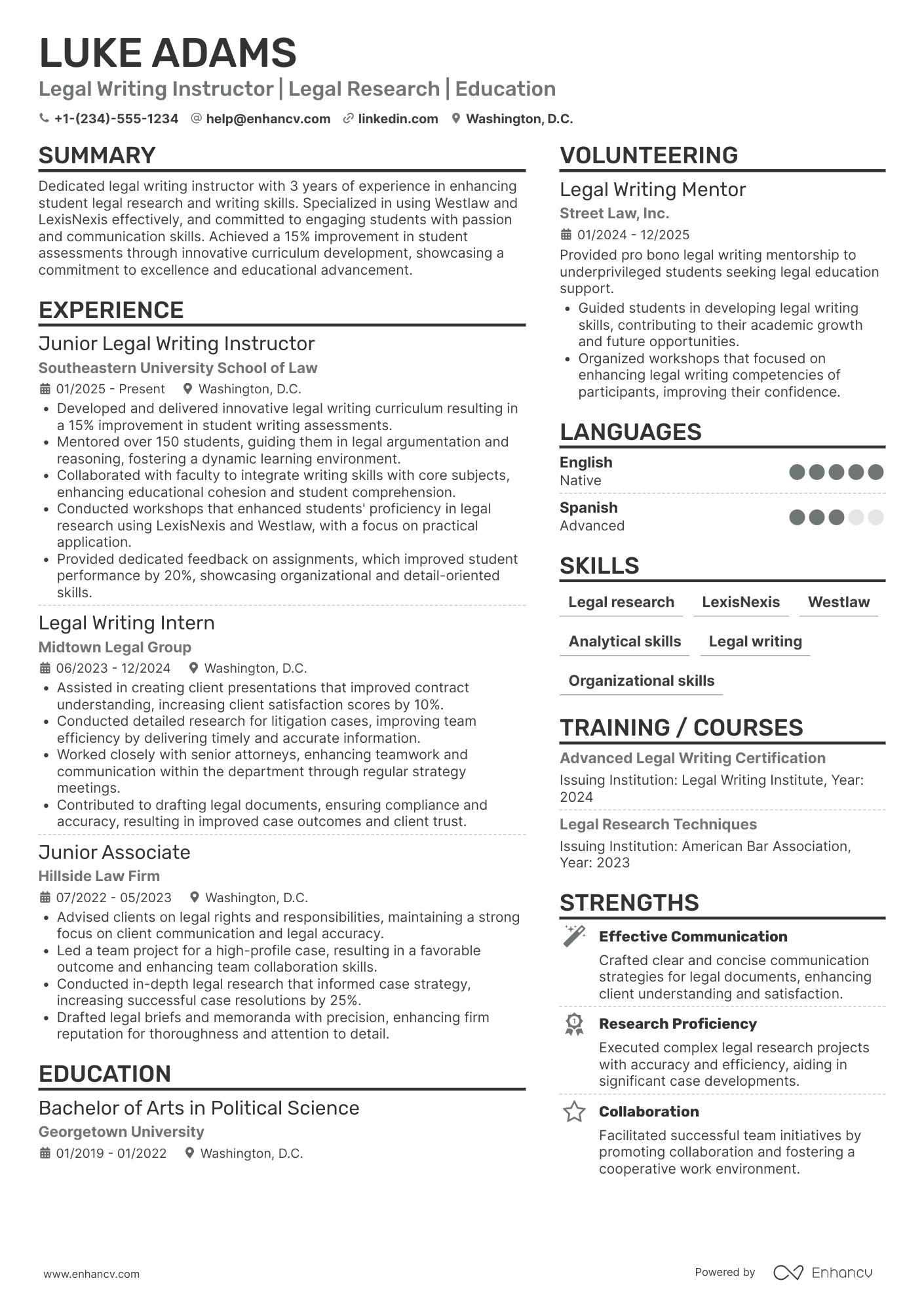 Law School Legal Writing Instructor Resume Example