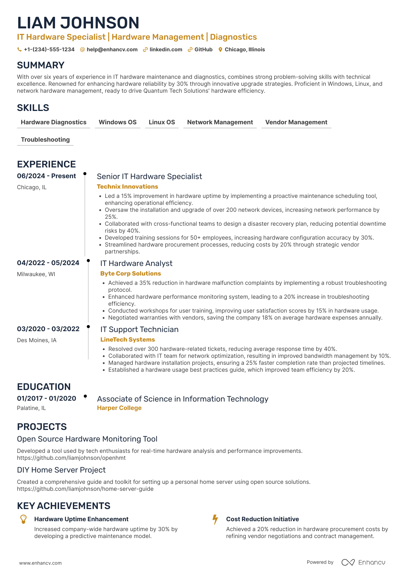 IT Hardware Technician Resume Example