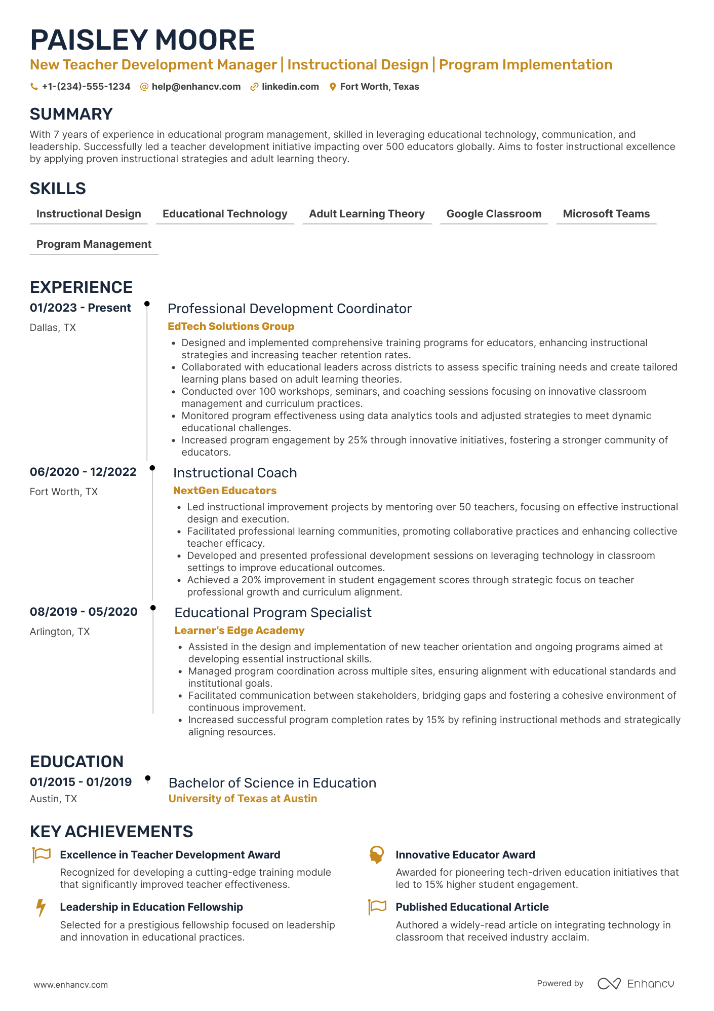 New Teacher Development Manager Resume Example
