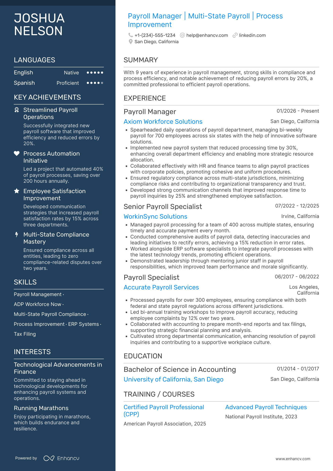 Payroll Manager Resume Example