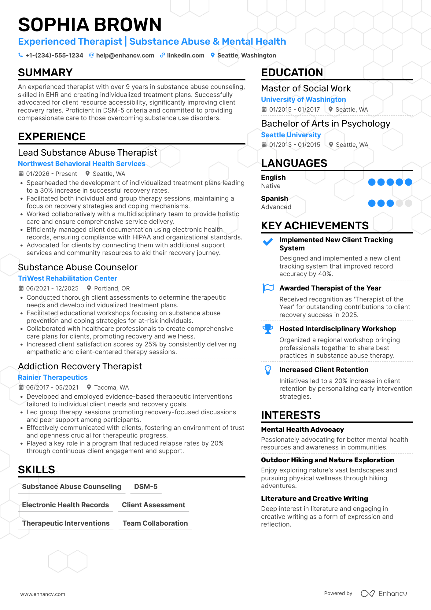 Substance Abuse Therapist Resume Example