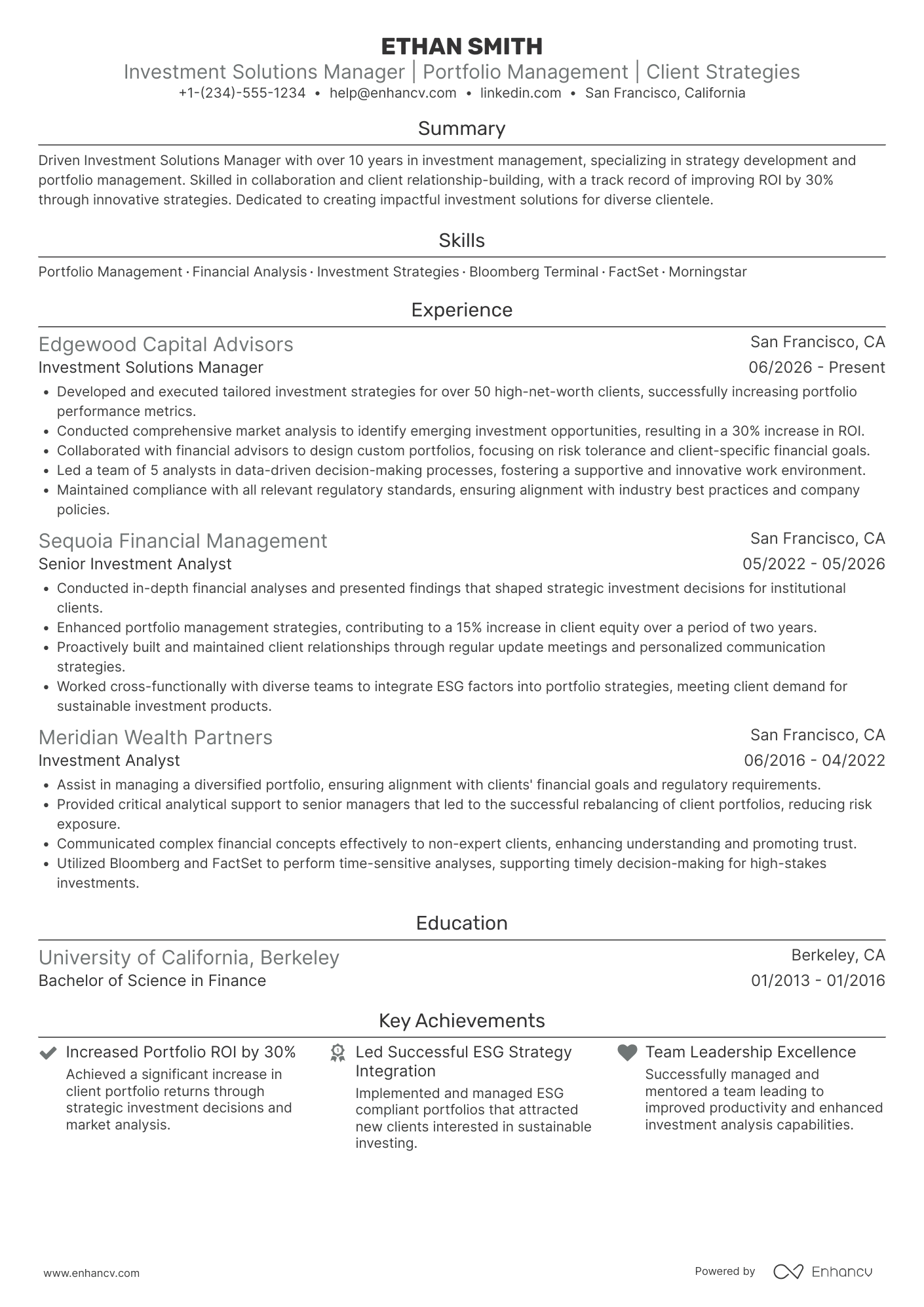 Investment Solutions Manager Resume Example