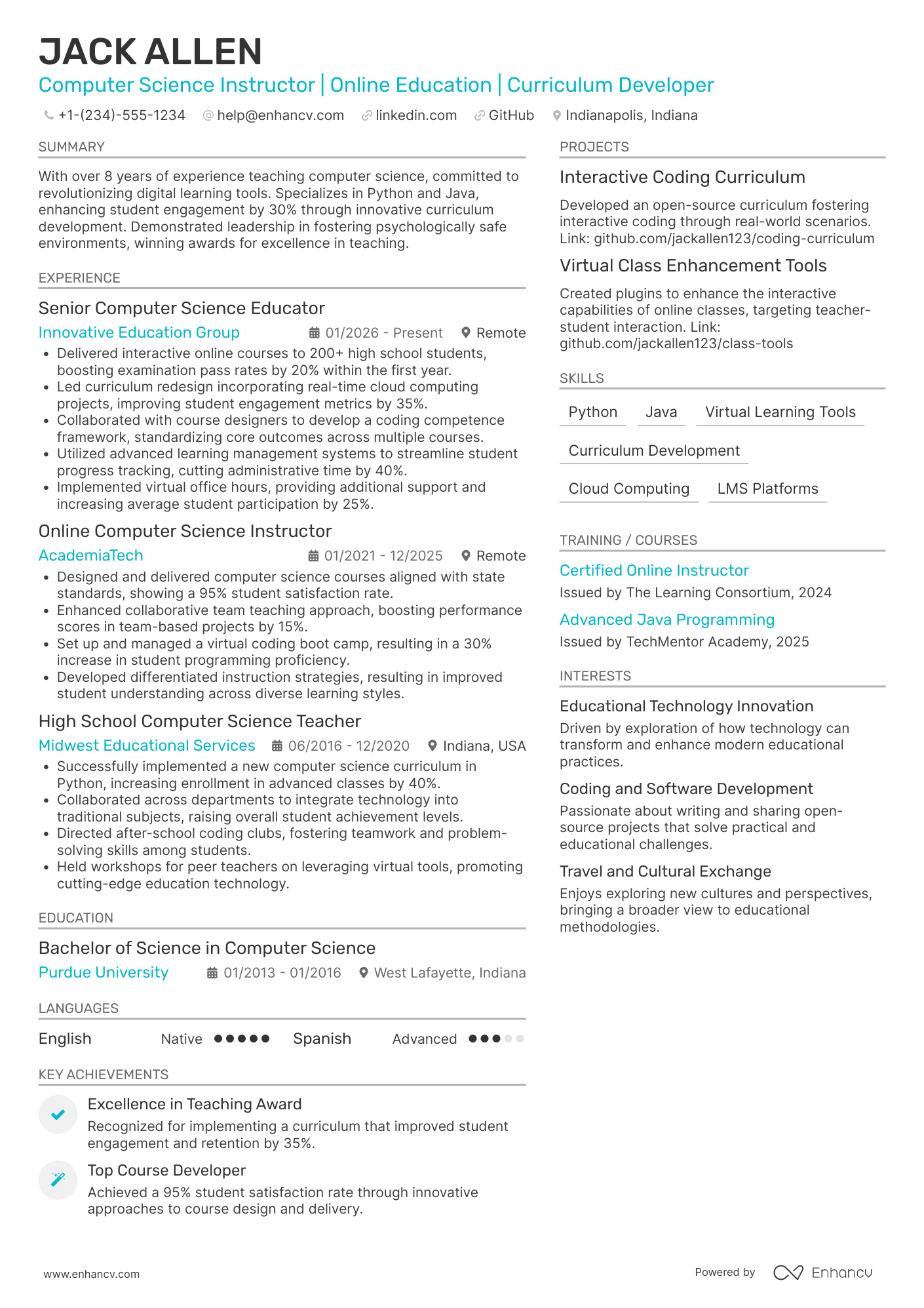 Online Computer Science Teacher Resume Example