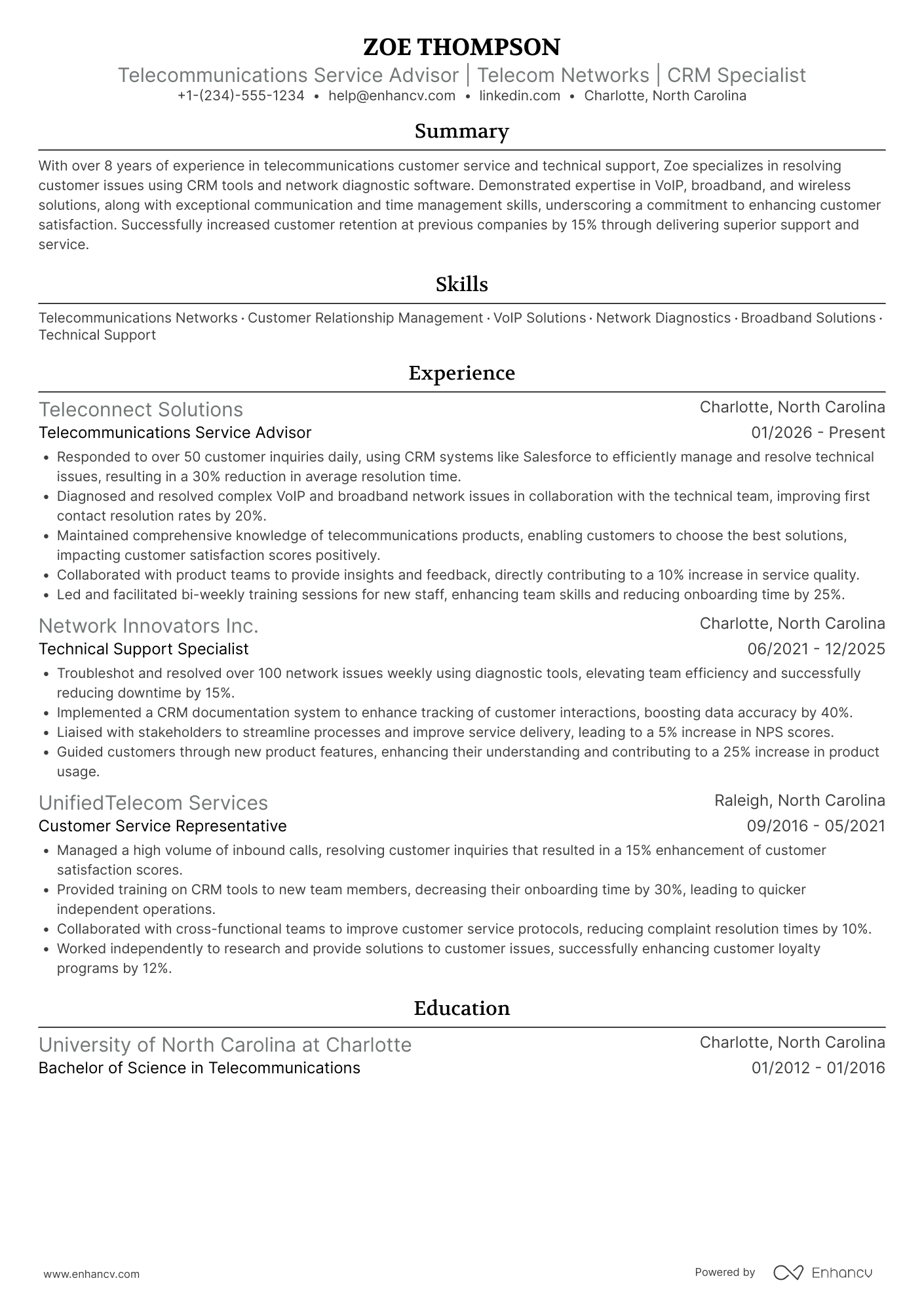 Telecommunications Service Advisor Resume Example