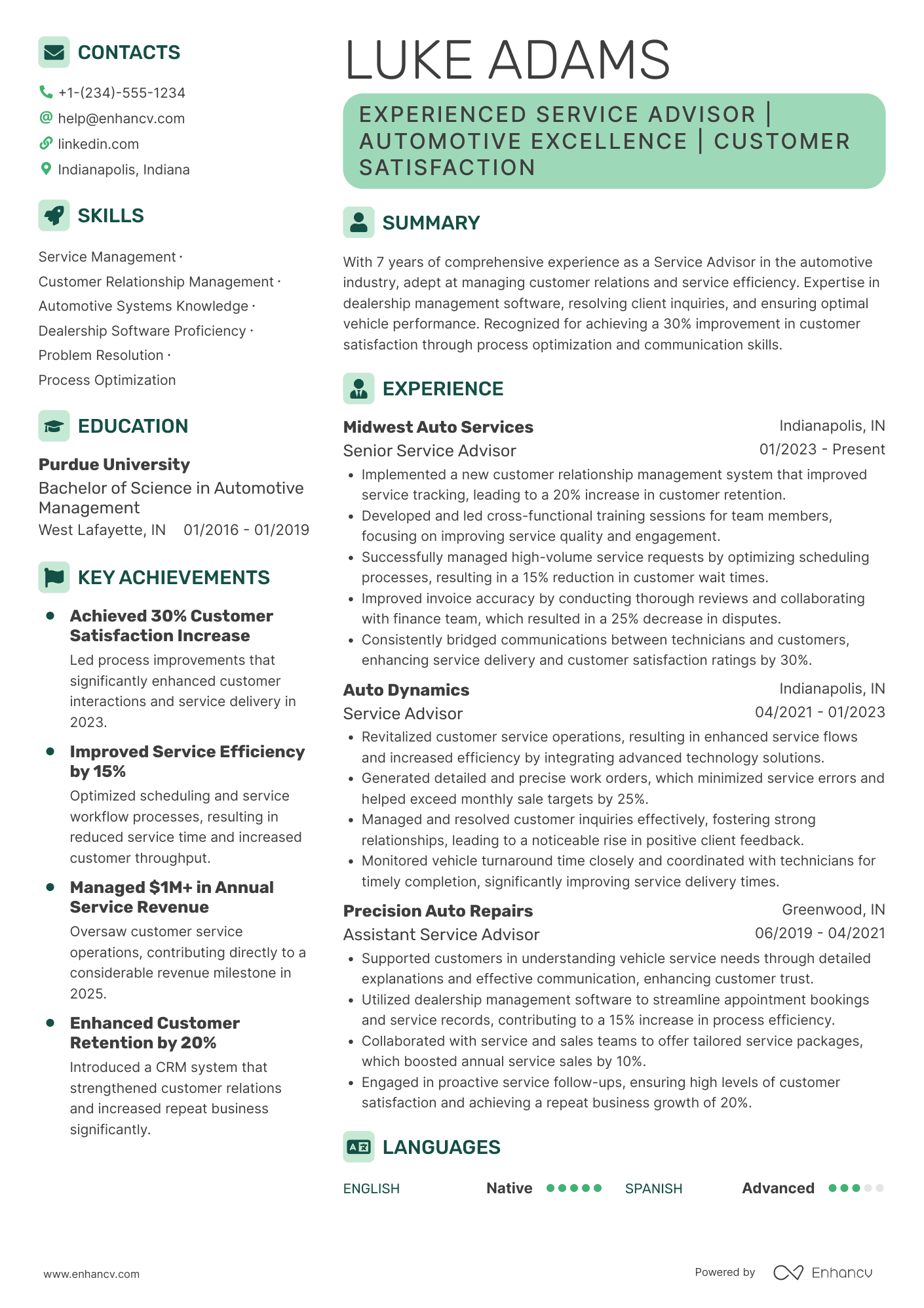 Service Advisor Resume Example
