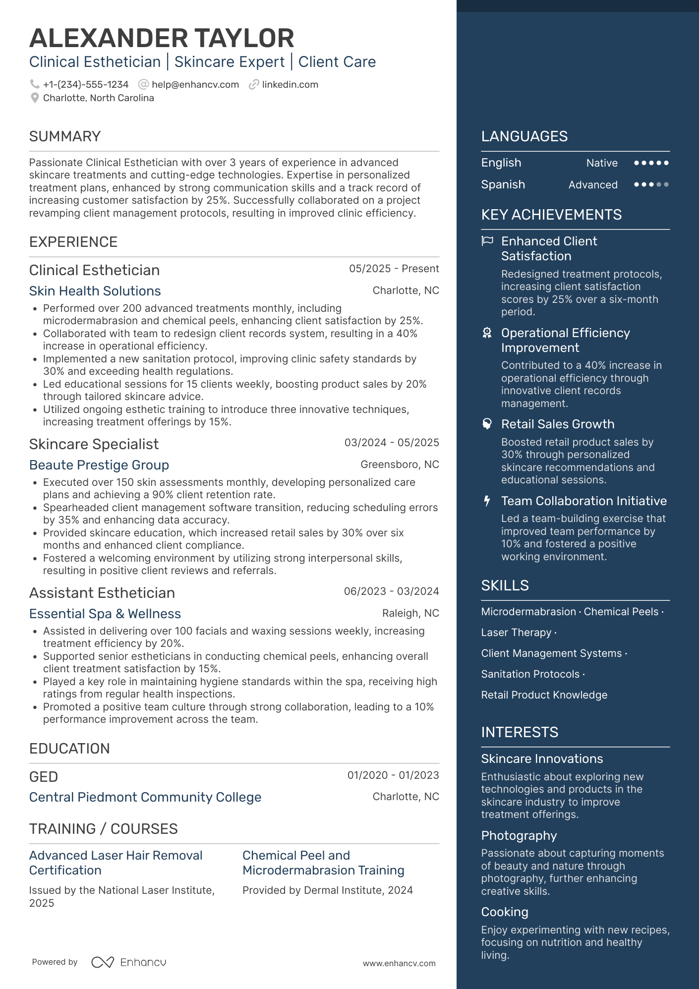 Clinical Esthetician Resume Example