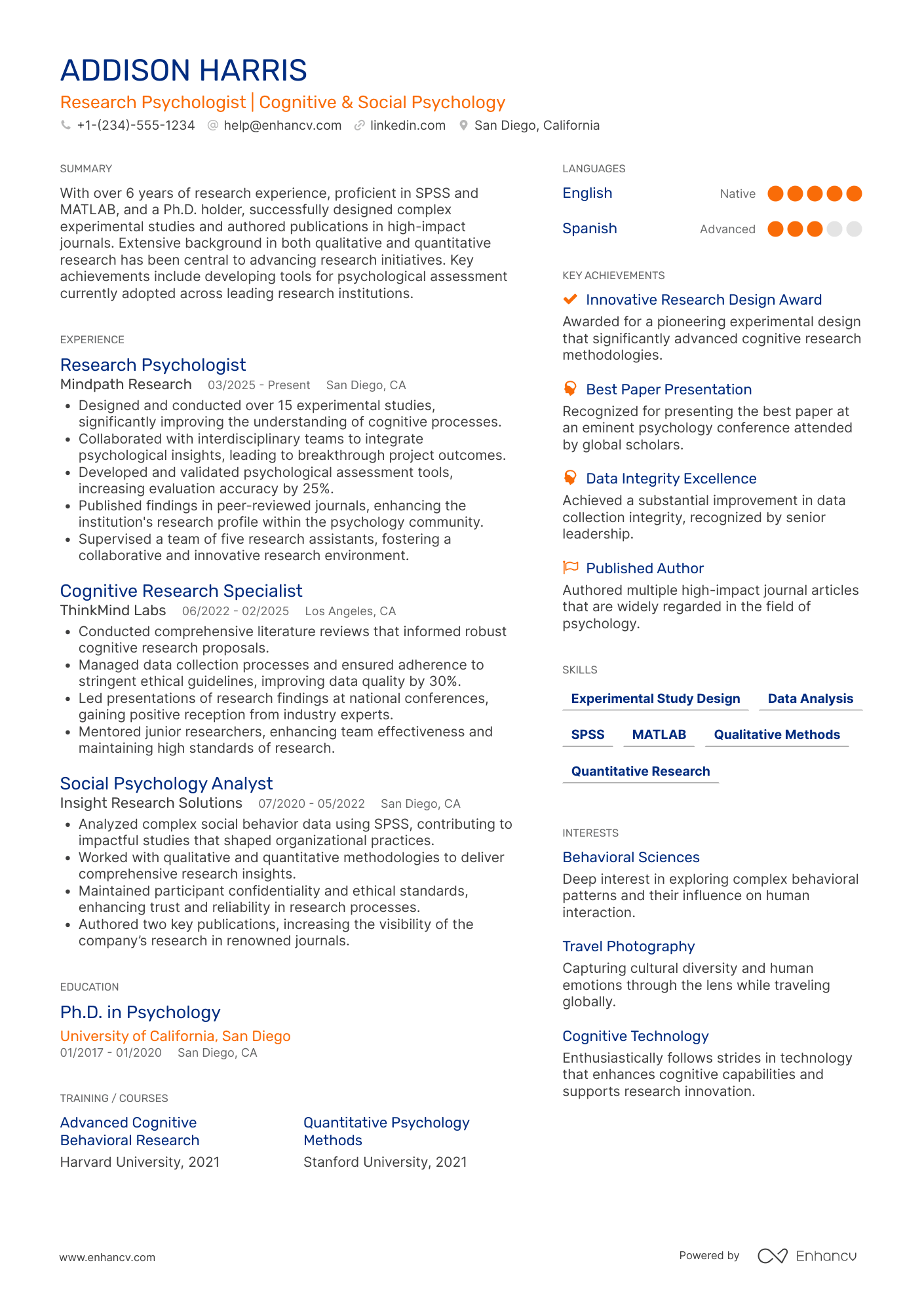 Research Psychologist Resume Example