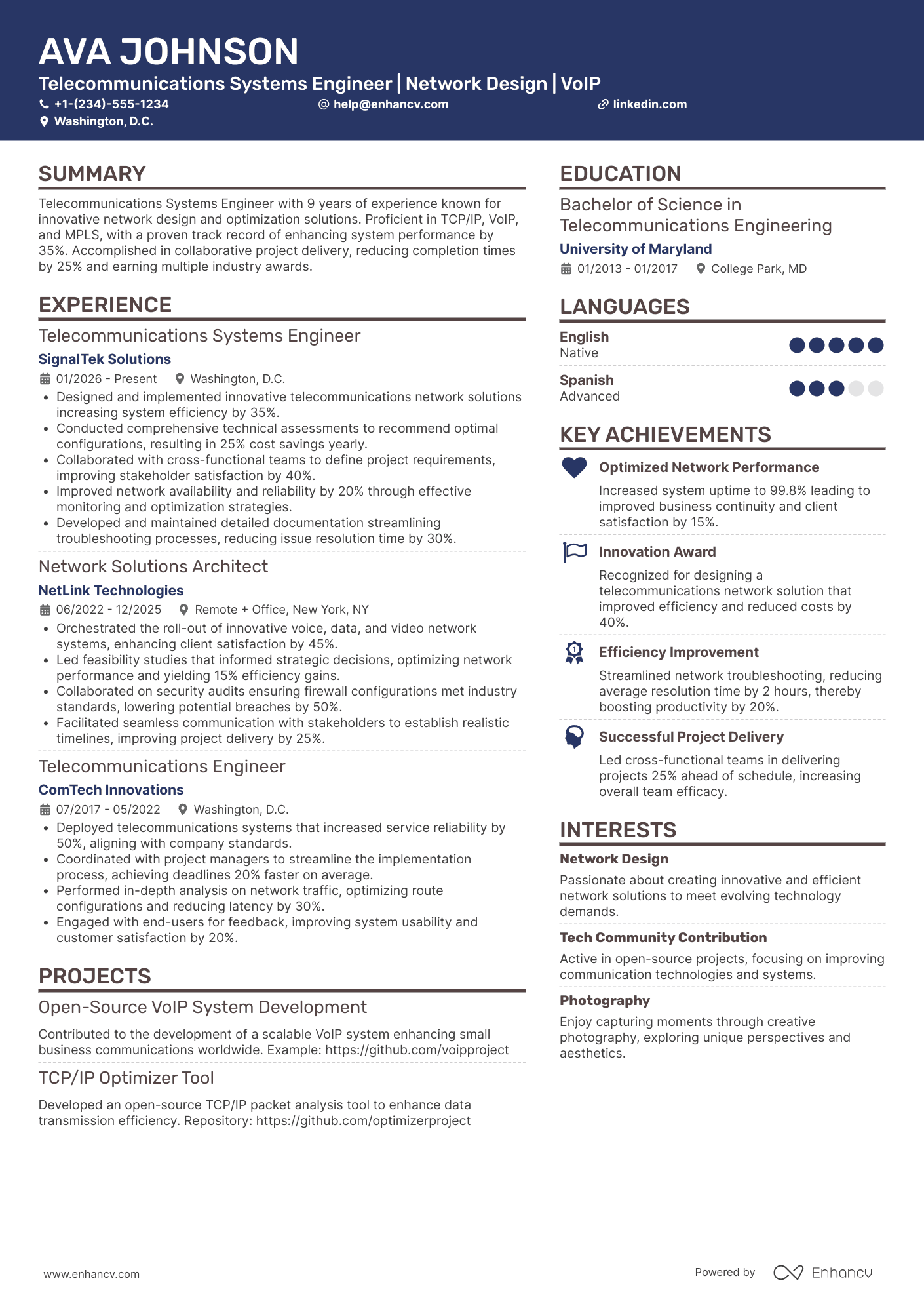 Telecommunications Systems Engineer Resume Example