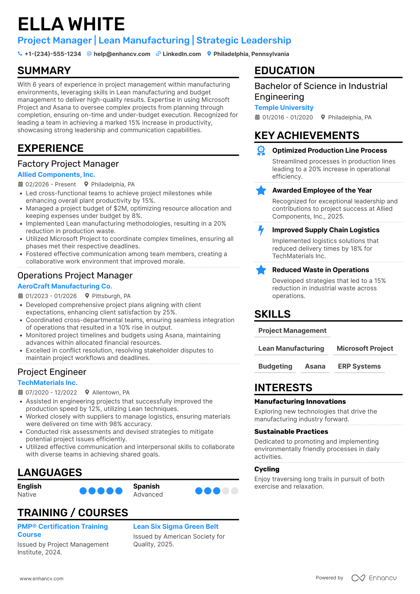 Factory Project Manager Resume Example