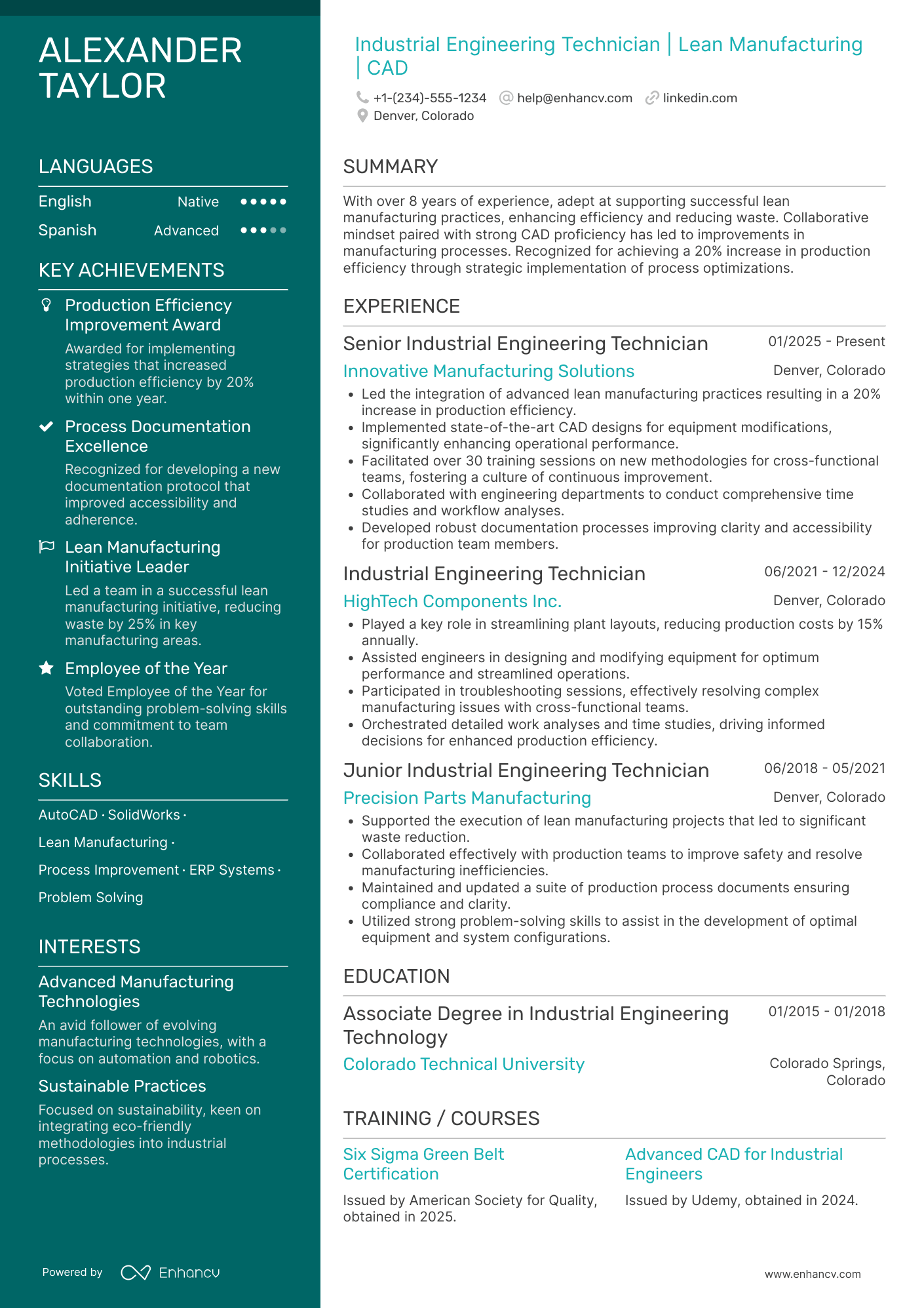 Industrial Engineering Technician Resume Example