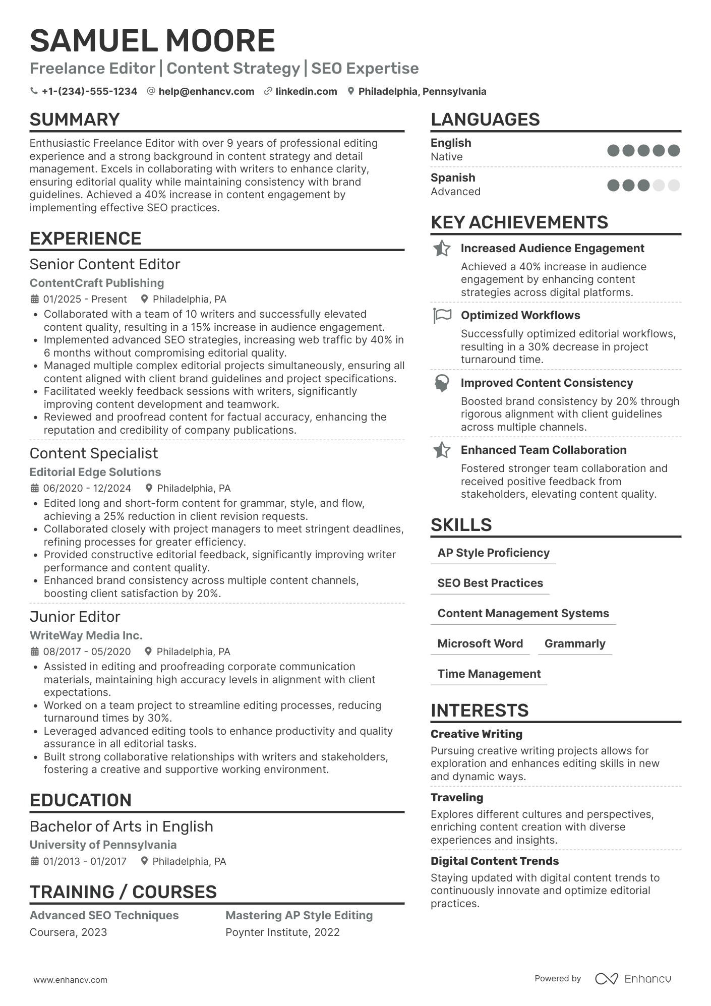 Freelance Editor Resume Example