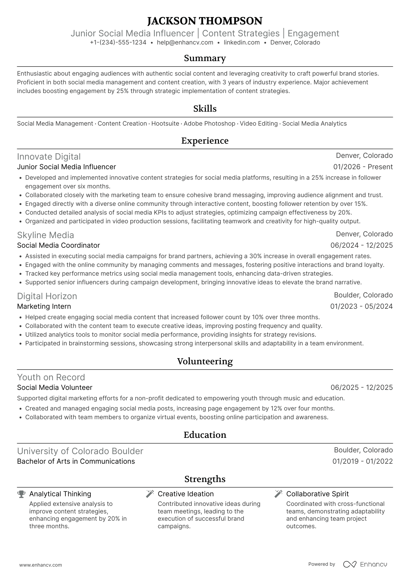 Junior Social Media Influencer Resume Example
