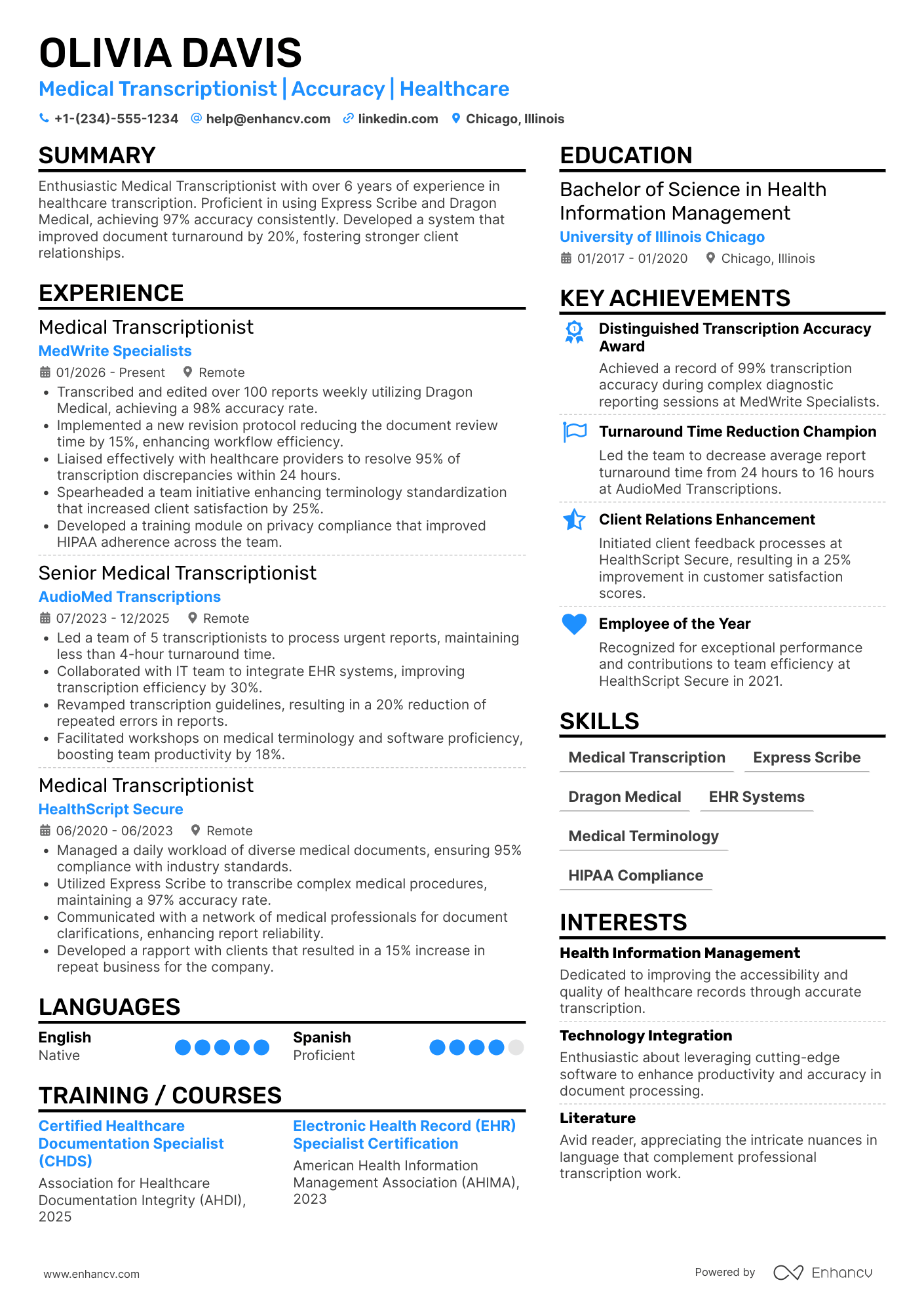 Work from Home Medical Transcriptionist Resume Example