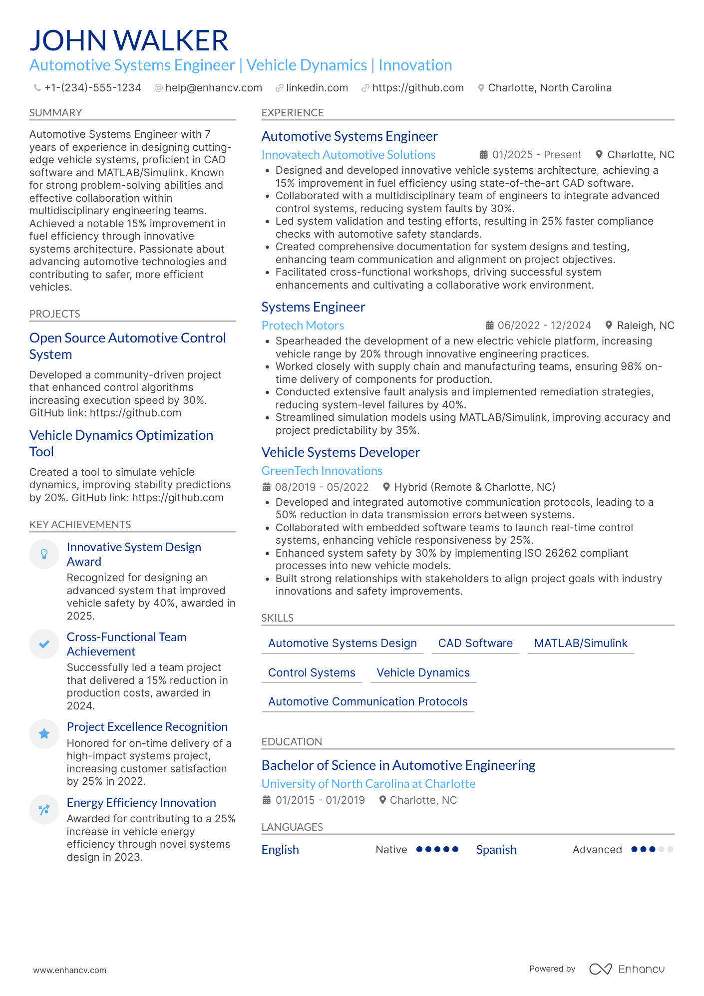 Automotive Systems Engineer Resume Example