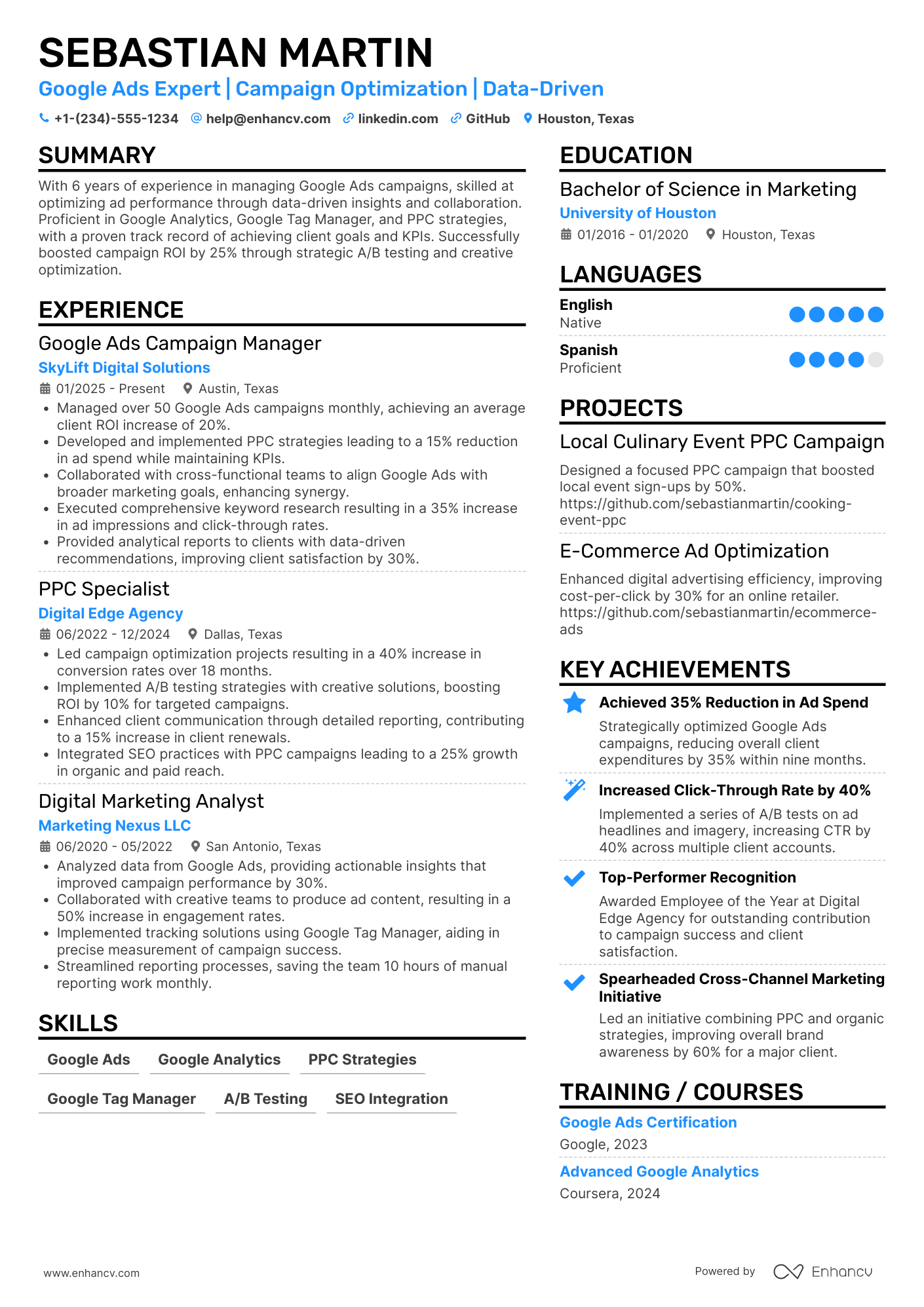 Google Ads Campaign Manager Resume Example