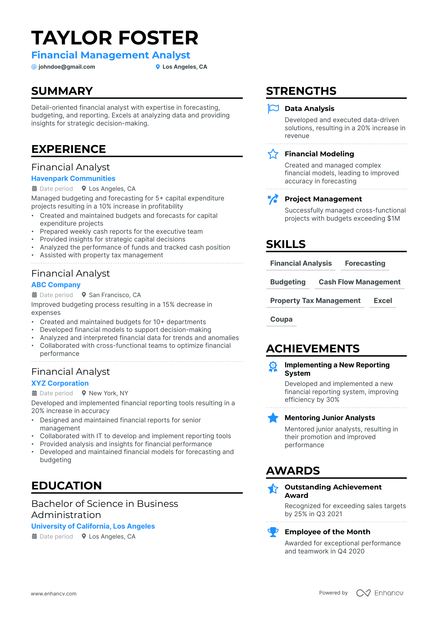 Financial Management Analyst Resume Example