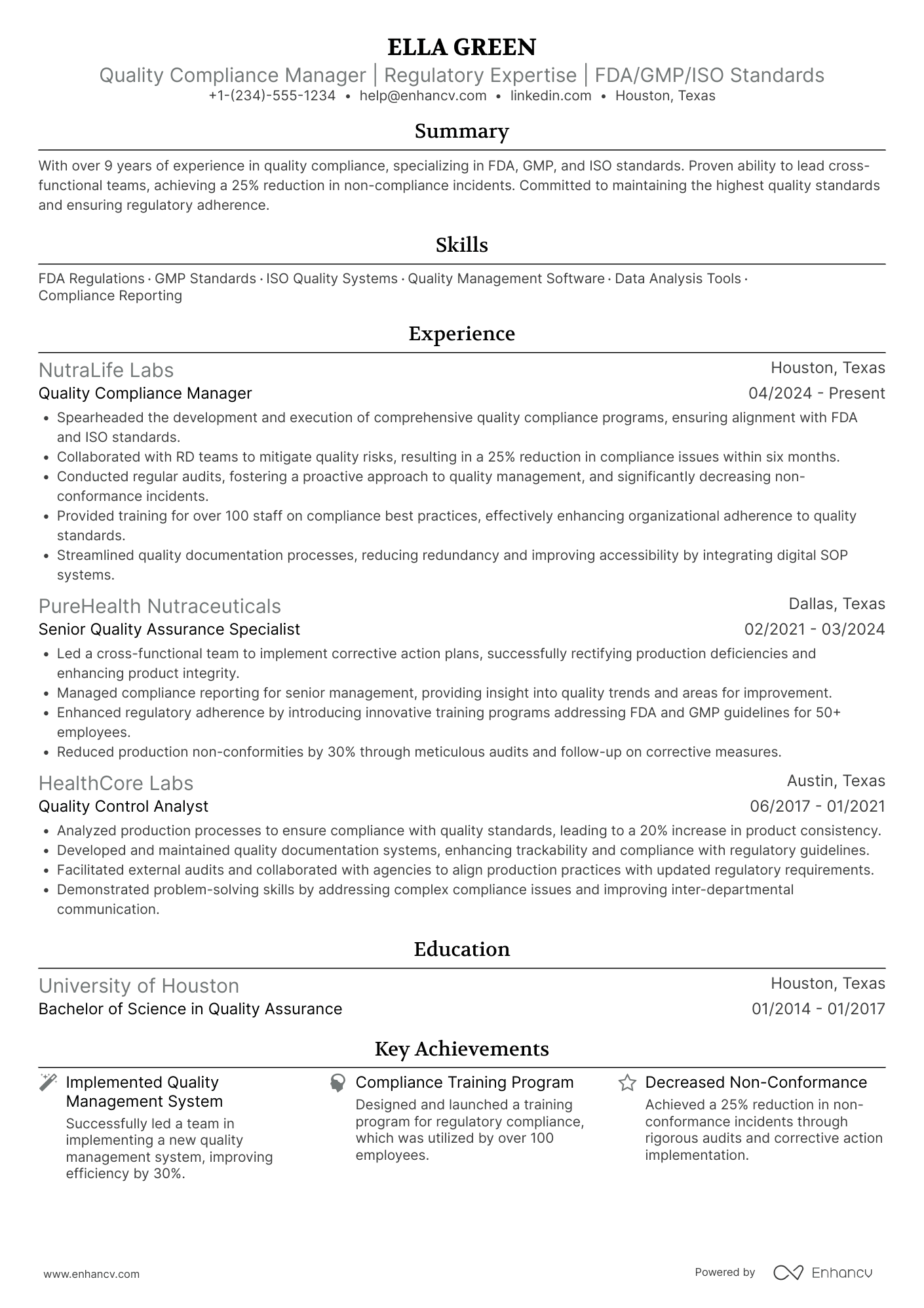 Quality Compliance Manager Resume Example