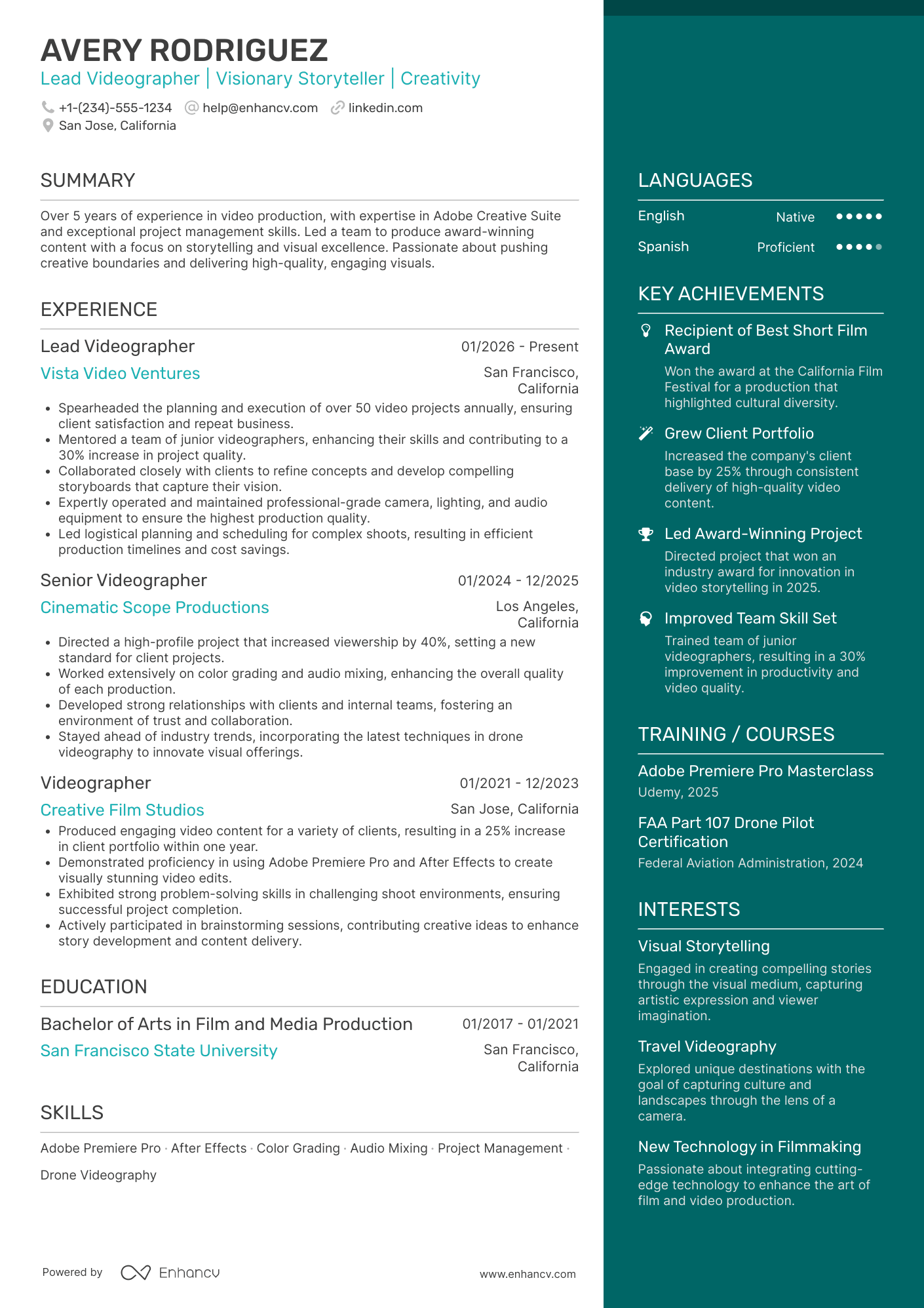 Lead Videographer Resume Example