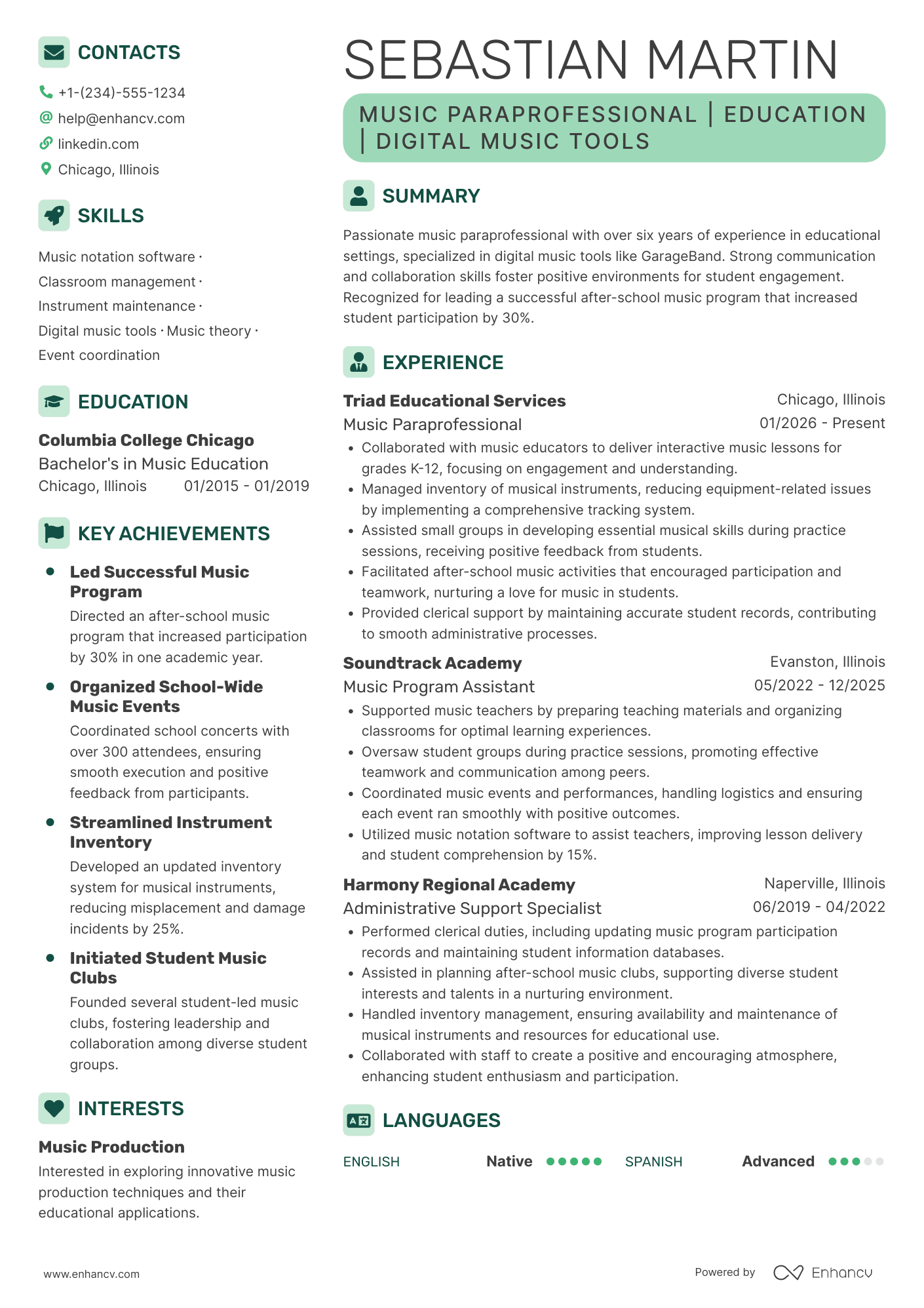 Music Paraprofessional Resume Example