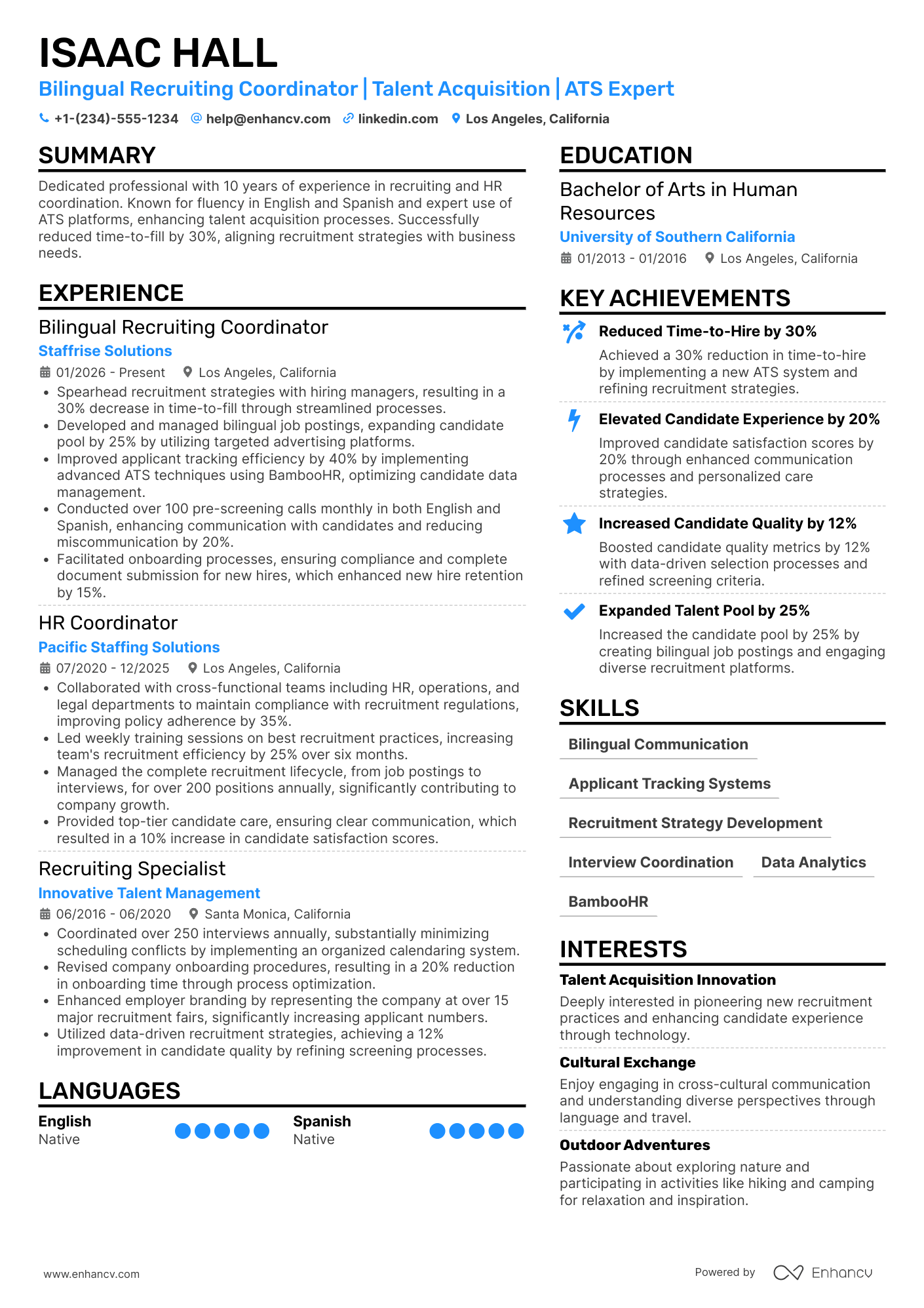 Bilingual Recruiting Coordinator Resume Example