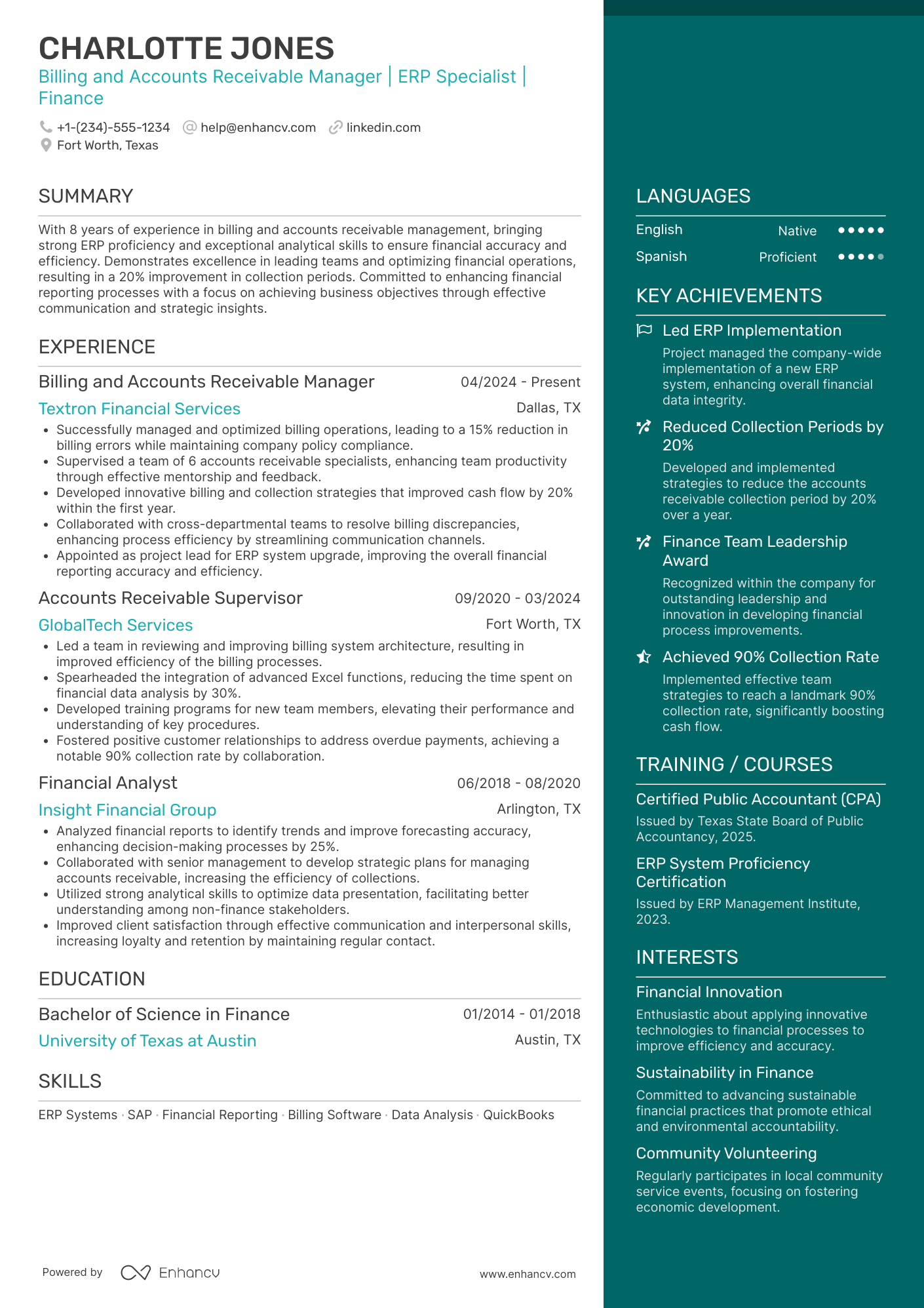 Billing and Accounts Receivable Manager Resume Example