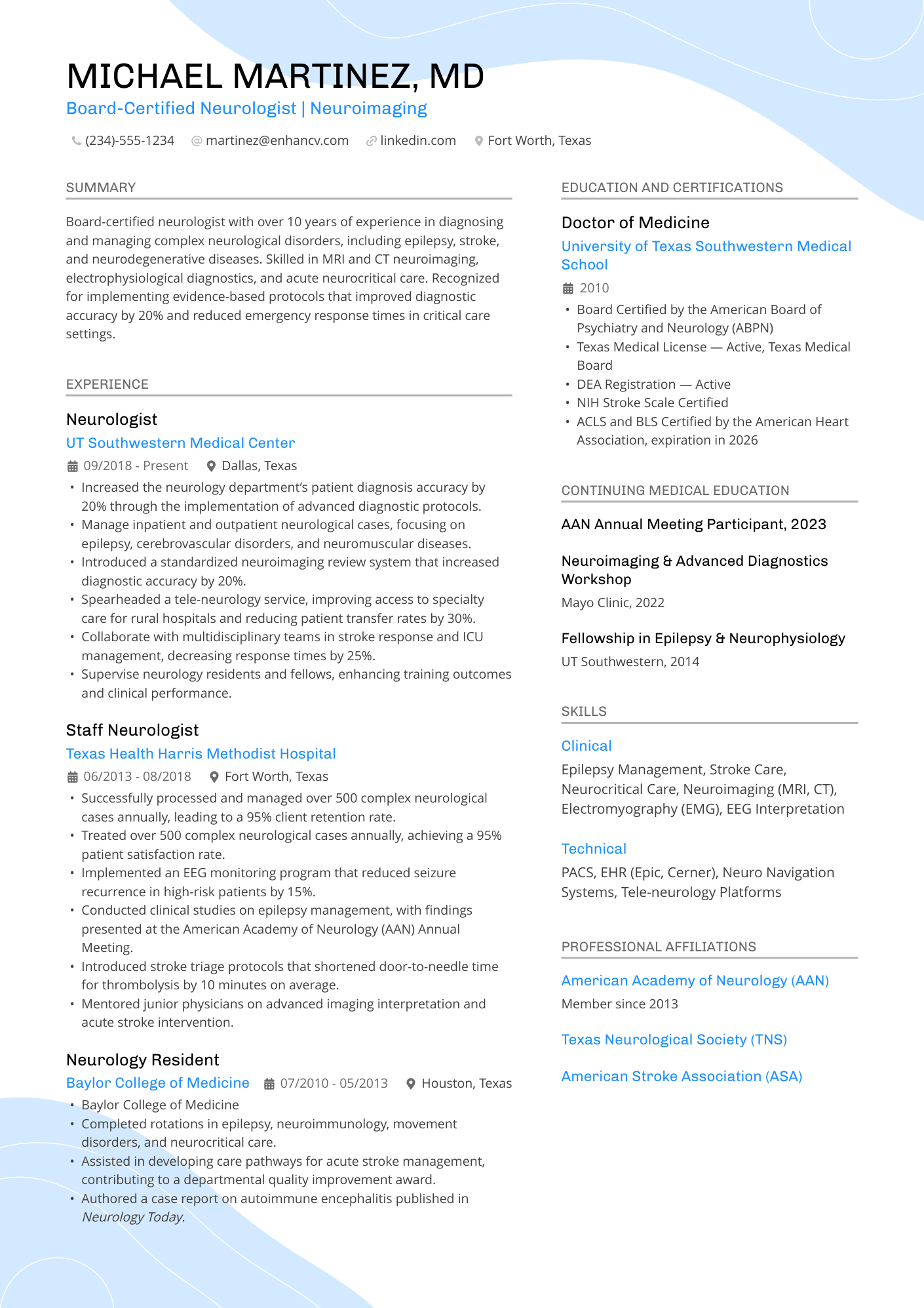 Neurologist Resume Example
