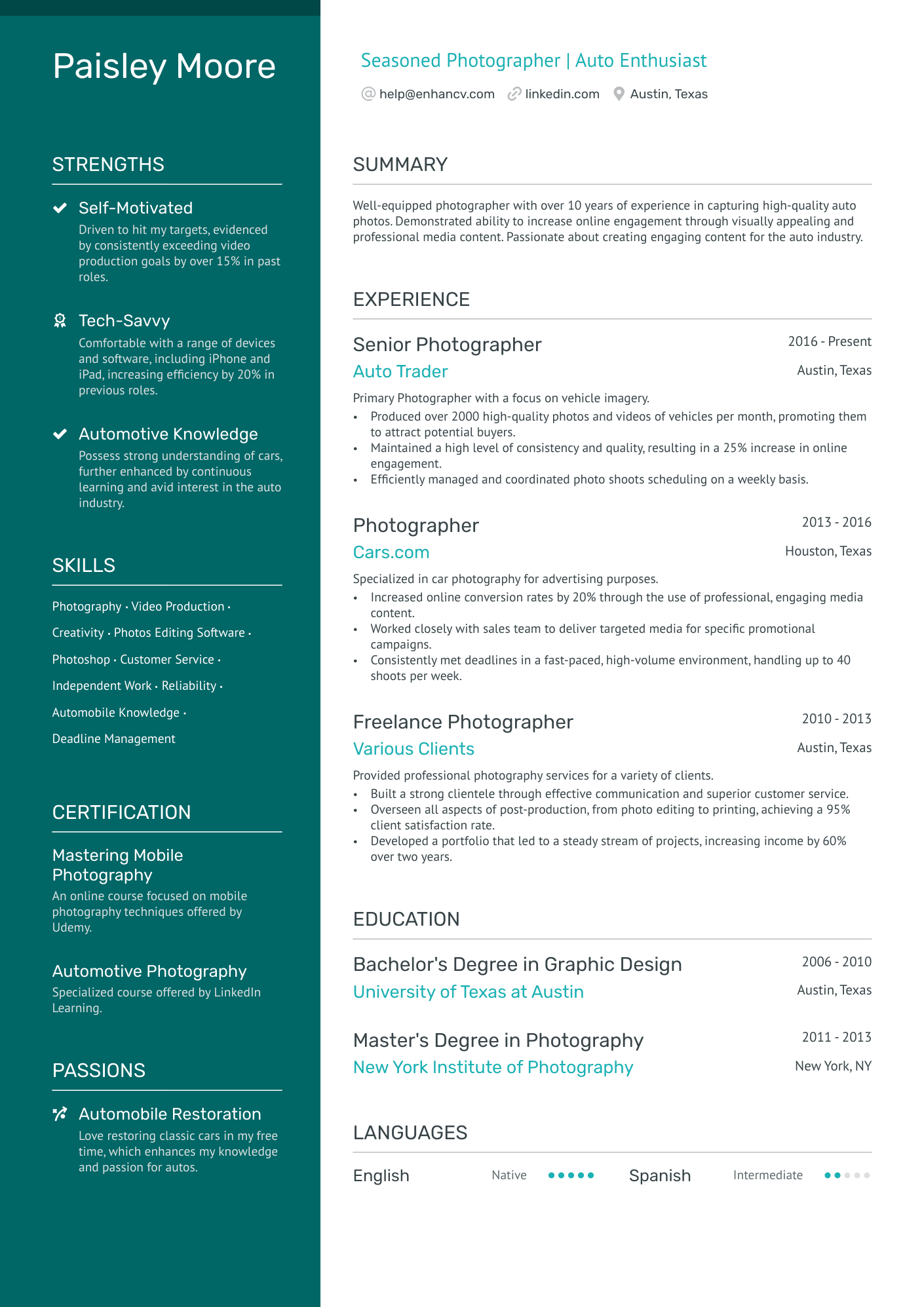 Automotive Photographer Resume Example